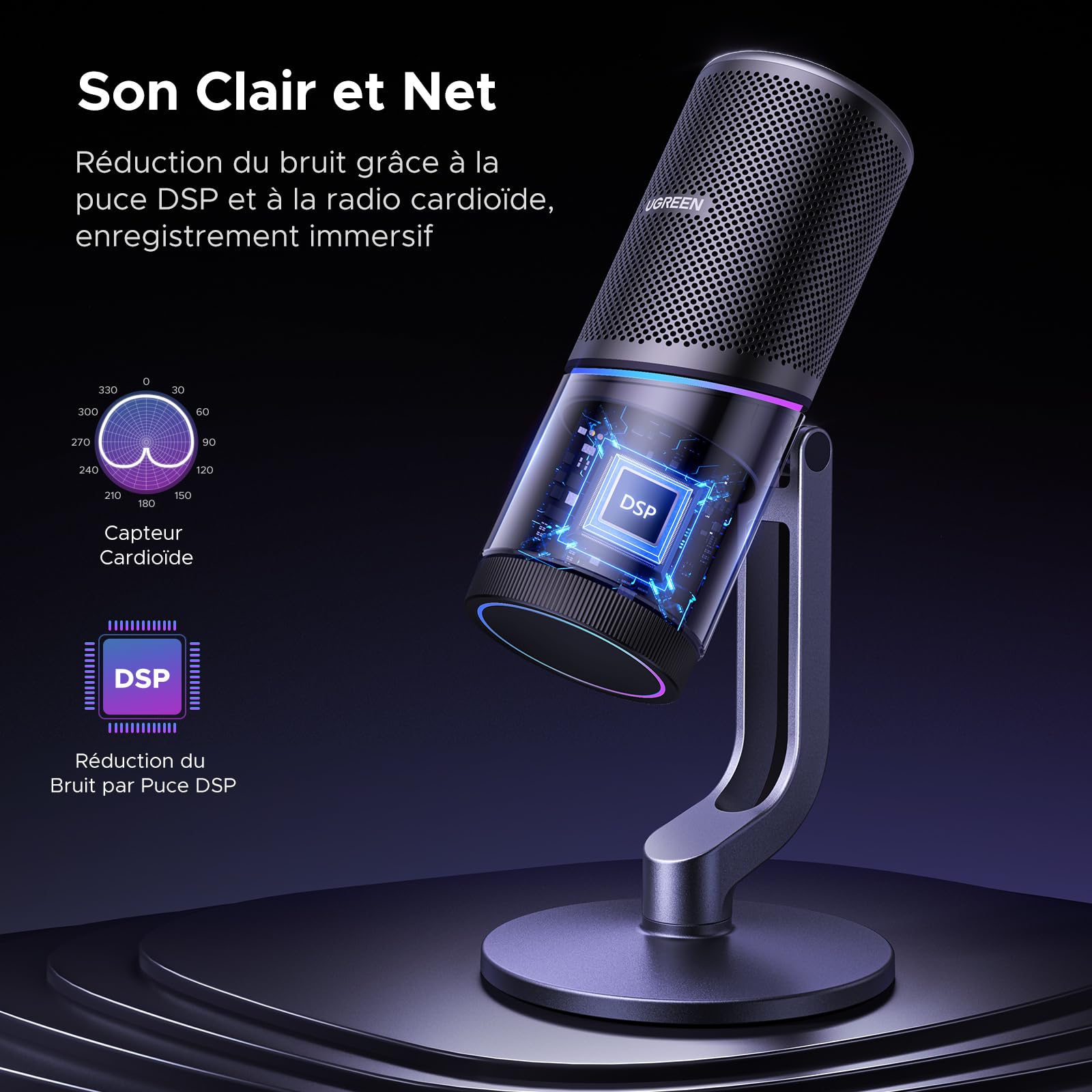 UGREEN Micro Gaming Microphone USB à Condensateur 96KHz 24bit avec Touche Muette USB C Alimentation pour Enregistrement Gaming Streaming Podcast ASMR Compatible avec PS5 4 Laptop Mac Noir