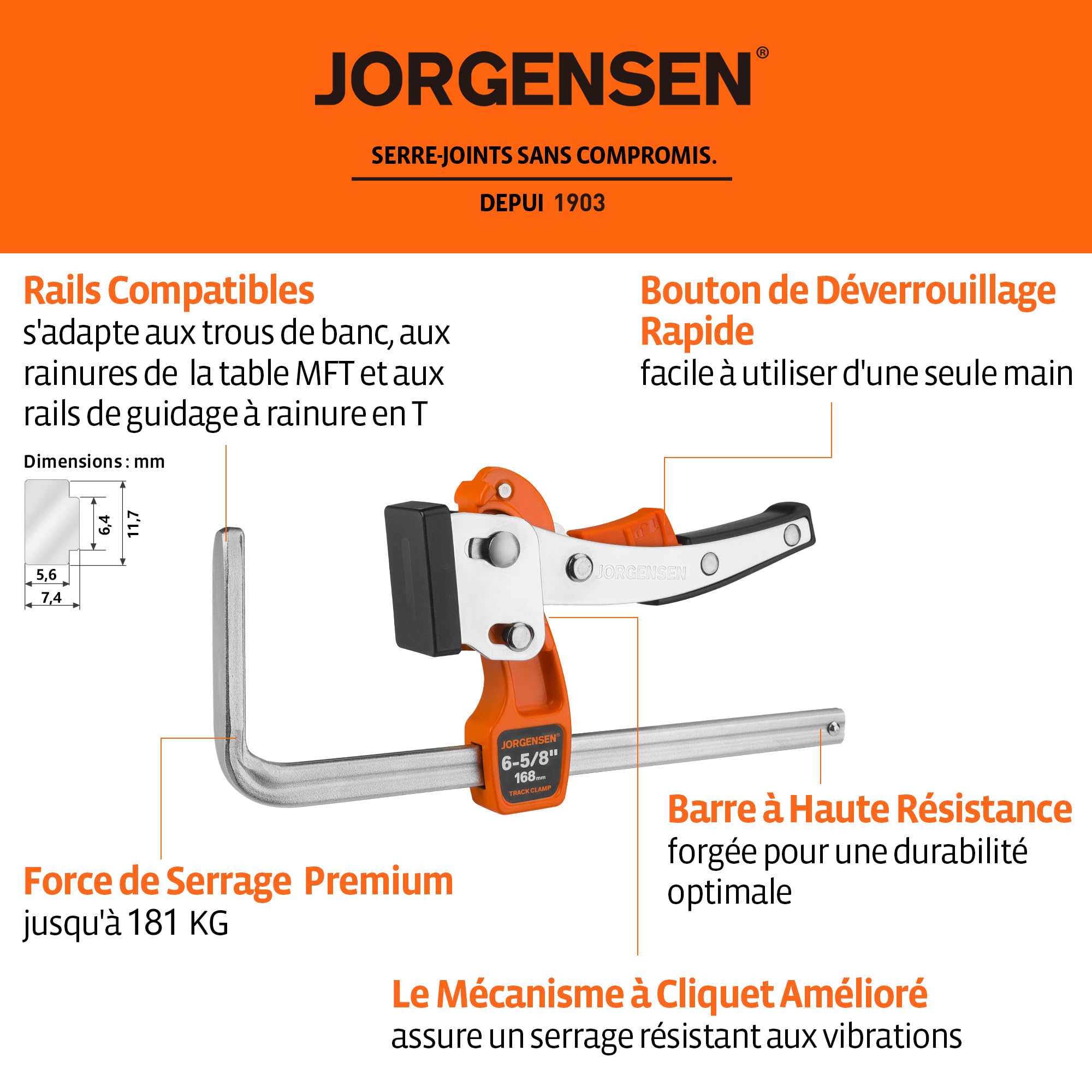 JORGENSEN Lot de 2 Serre-Joints à Cliquet pour Rail de Guidage, Force de Serrage 181 kg, Ouverture 168 mm