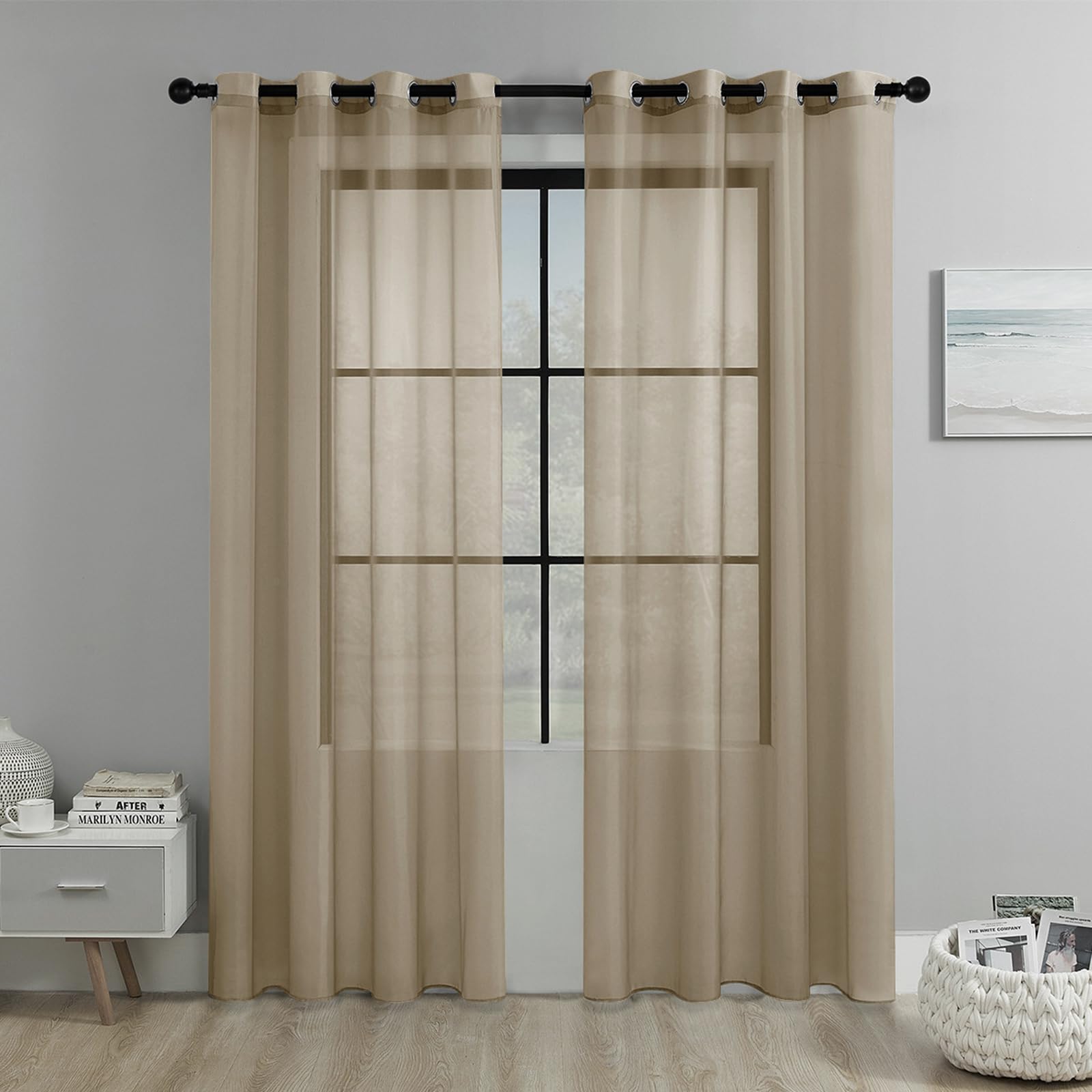 JIXINHEKEJI 2 Panels Sheer Curtains, Grommet Top Light Filtering Voile Drapes, Wrinkle Resistant Window Curtain For Bedroom Living Room(Size:100x200cm / 39"x79",Color:Khaki)