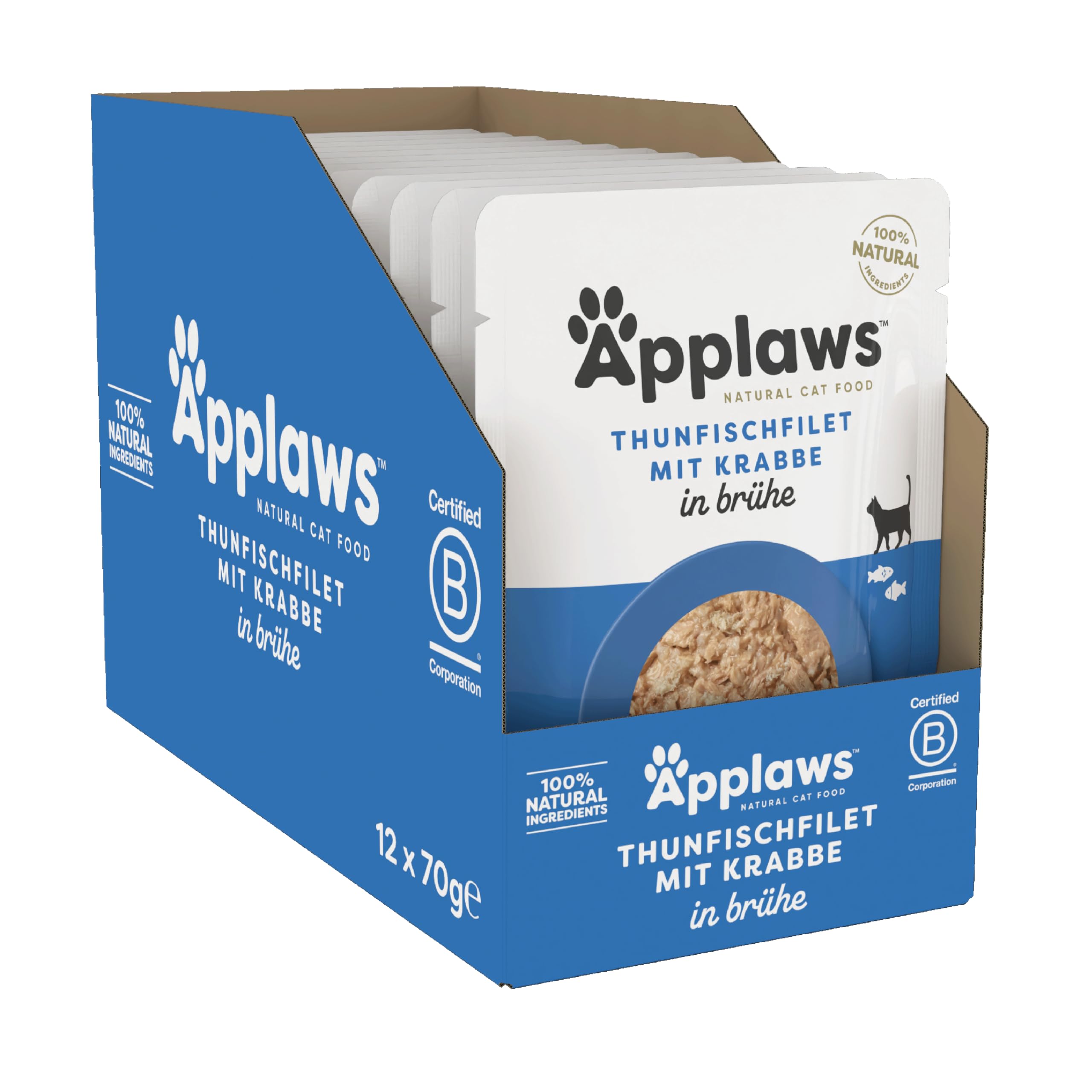 Applaws 100% natürliches Nassfutter für Katzen, Thunfischfilet mit Krabben in Brühe - Packung mit 12 x 70g Beuteln
