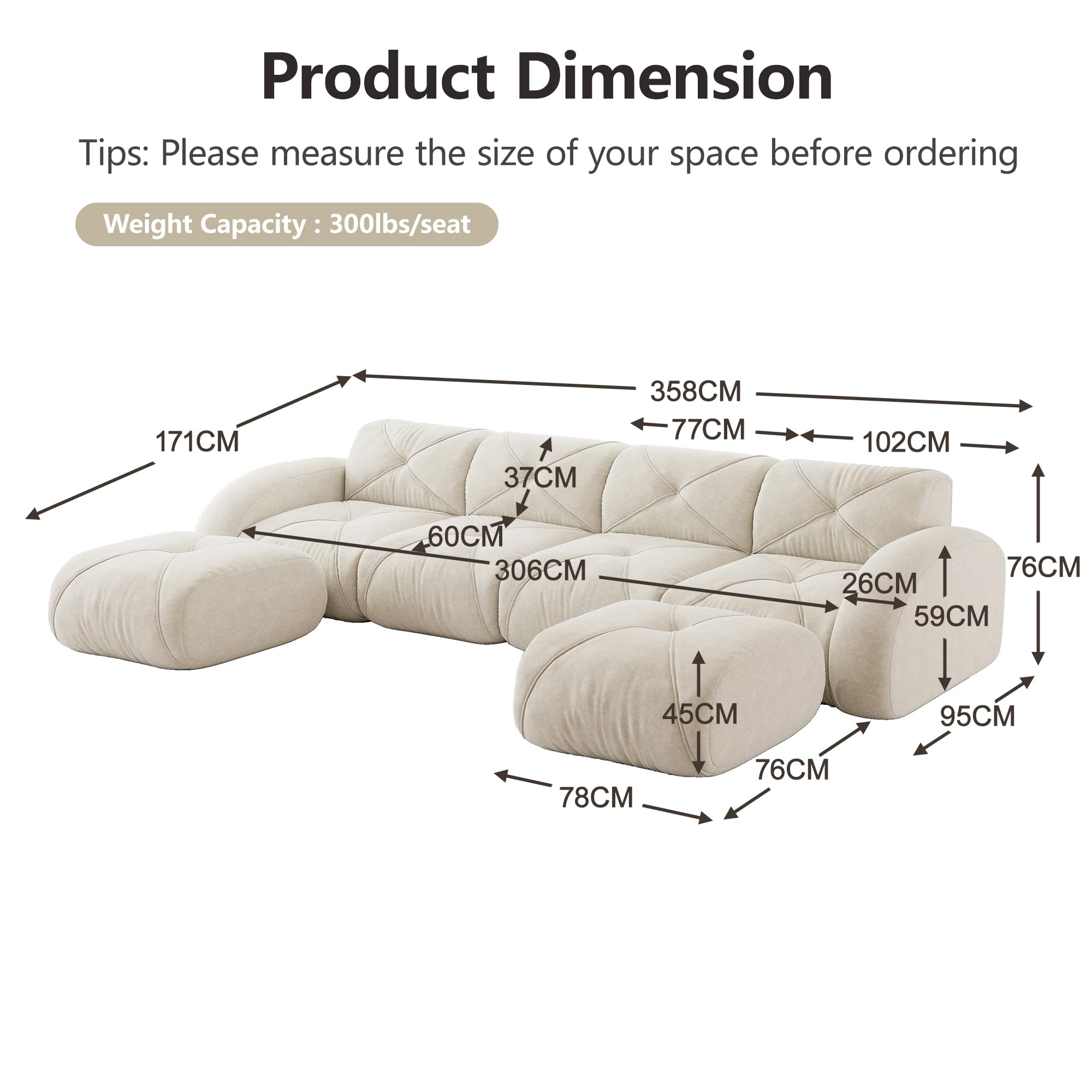 Sofá modular en forma de U de 4 plazas con 2 taburetes, sofá nube sin marco de chenilla, sofá de salón suave, antideslizante, flexible, combinable, sin montaje, salón blanco