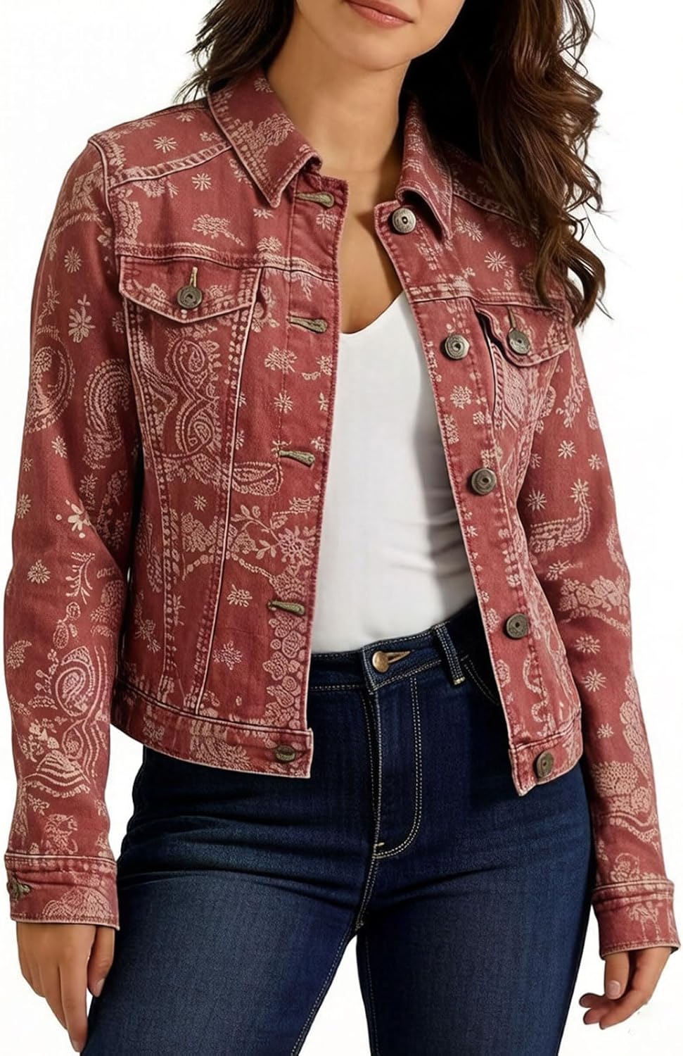 loveimgs Women Floral Print Jean Jacket Button Down Denim Jacket Long Sleeves Boyfriend Baggy Jean Trucker Coat Shacket Retro