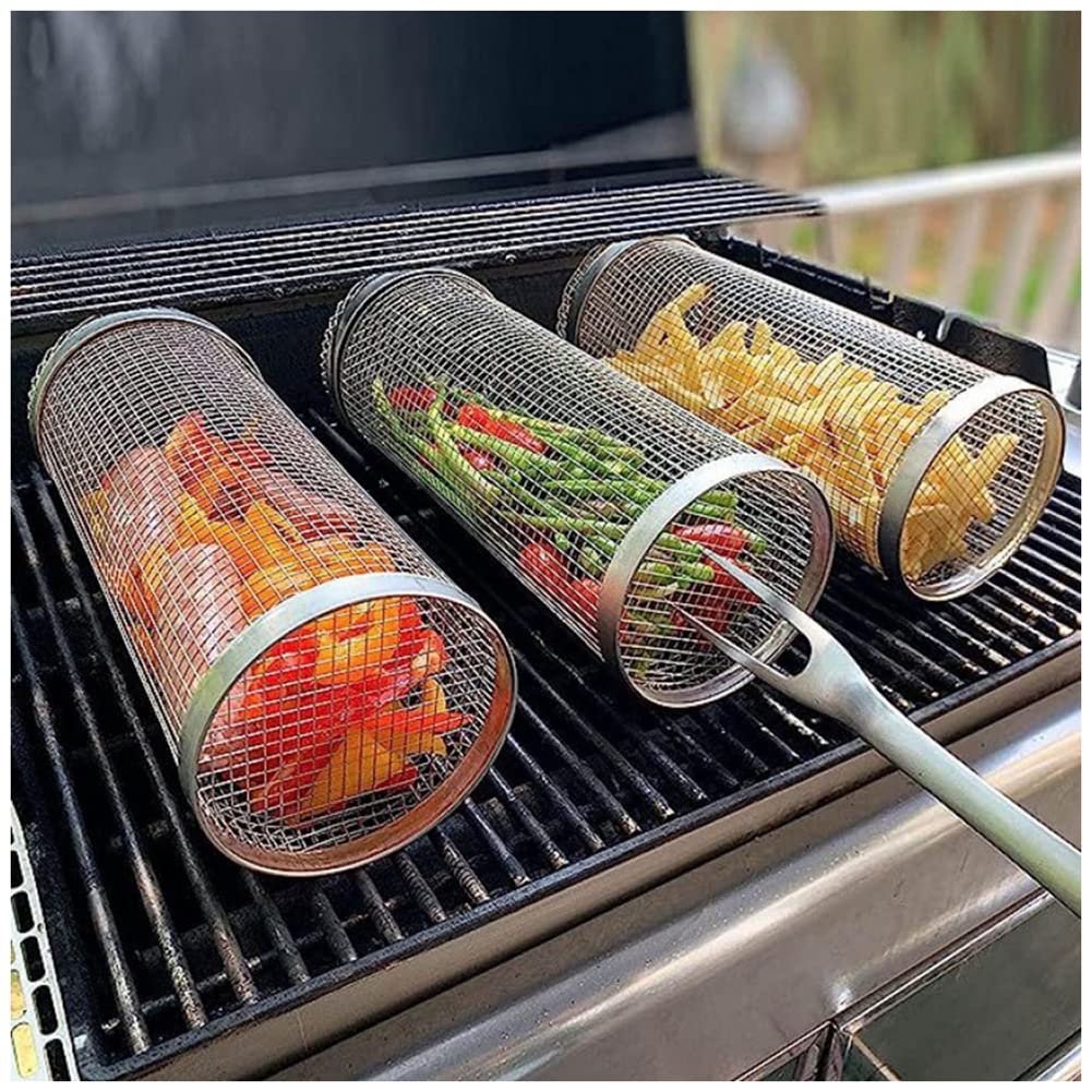 Juego de 3 Cesta Giratoria para Asador Cesta para Parrilla de Barbacoa de Acero Inoxidable Cesta de Parrilla para Barbacoa Cilíndrica Jaula para Asar 3PCS 30CM