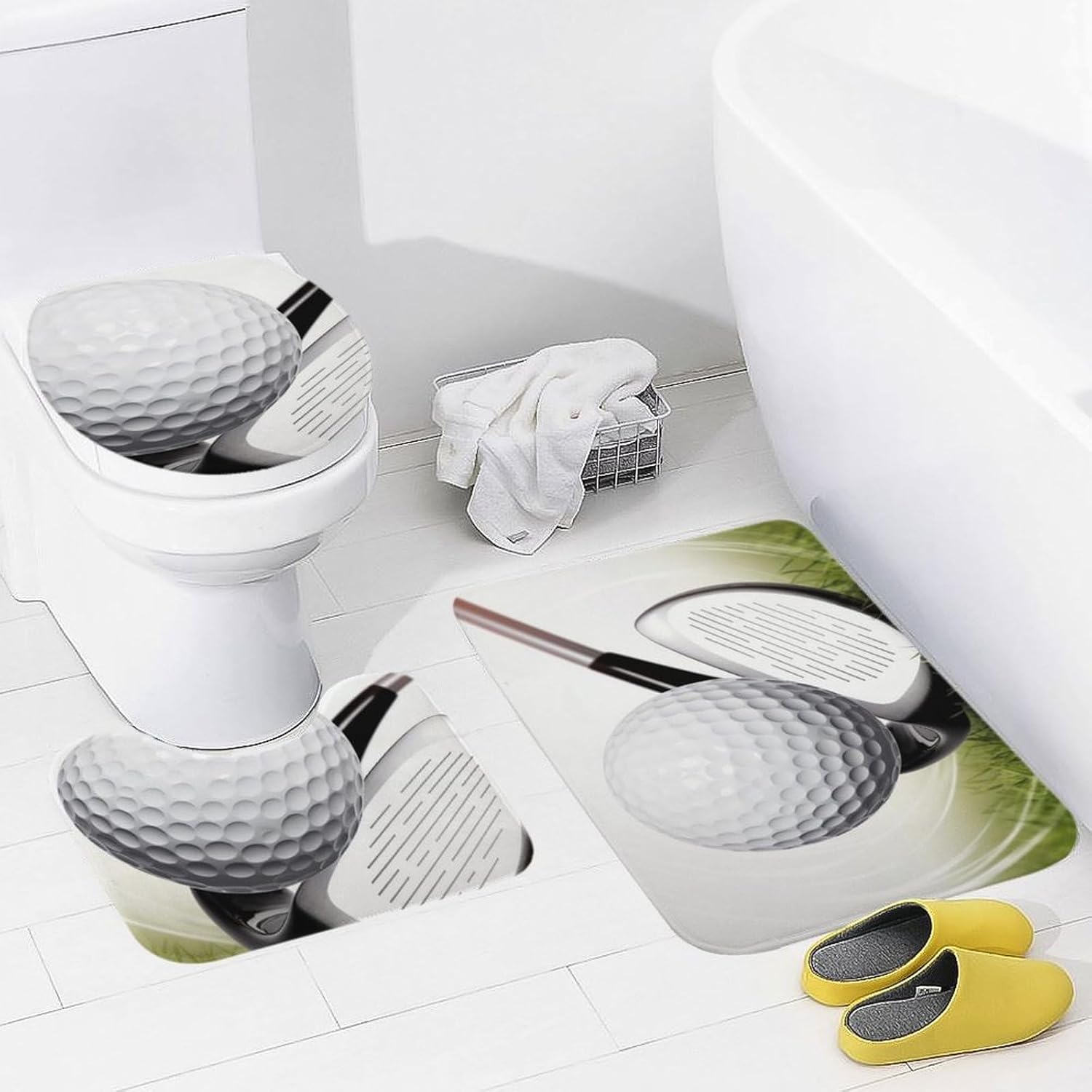Anti-Skid Floor Mats 3 Piece Set,Golf Club Printed Coral Fleece Bathroom Mats U-Shaped Contour Mat Toilet Seat Cover for Bathroom, Tub, Shower, Kitchen 19.7"x31.5"