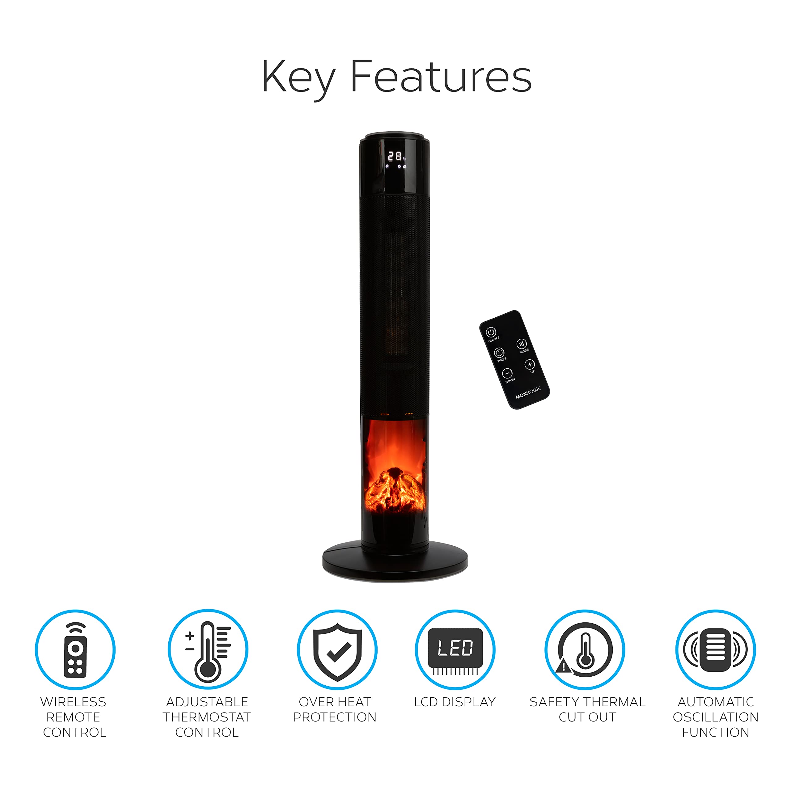 MONHOUSE Oscillating Tower Fan Heater with Fireplace 33 inches - Portable  PTC Ceramic Electric Heater with LCD Display, Remote Control, Overheat  Protection and Safety tip-over Switch - Black : Amazon.co.uk: DIY u0026 Tools