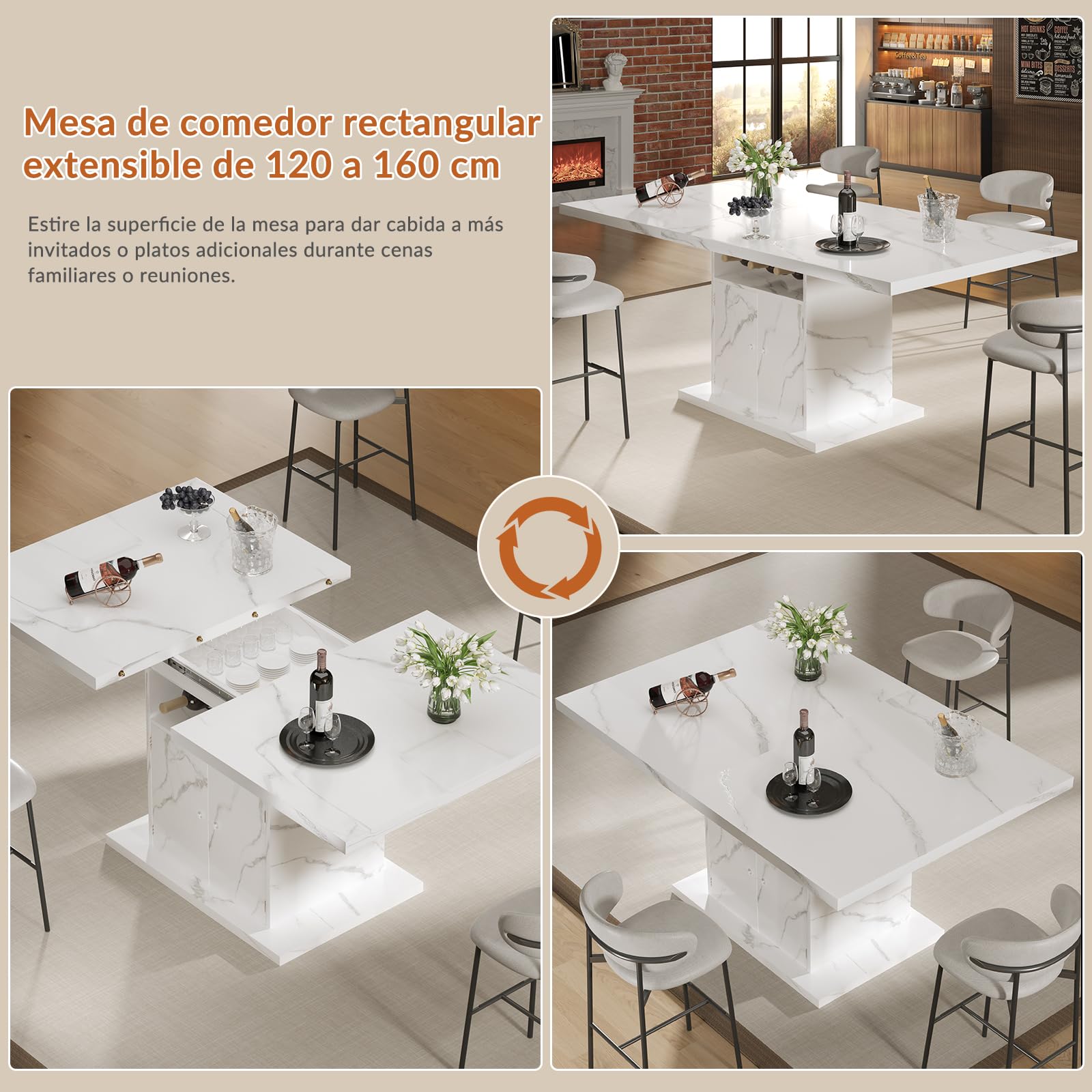 Mesa de Comedor Extensible, Mesa Rectangular,Blanca Efecto mármol, con Estante para vinos y Armario, 120 (160) x 80 x 76 cm, para 4-8 Personas