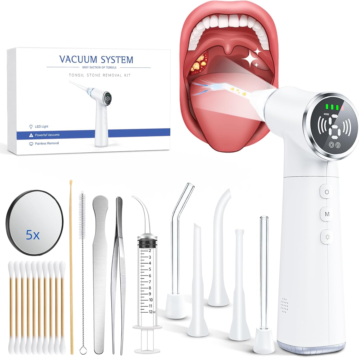 Electric Tonsil Stone Remover, 6 Suction Modes, 6-in-1 Probes & Ultra-Bright LED, Tonsil Stone Vacuum Kit with Food-Grade Silicone Tips, Painless Cleaning for Fresh Breath,Rechargeable & Waterproof