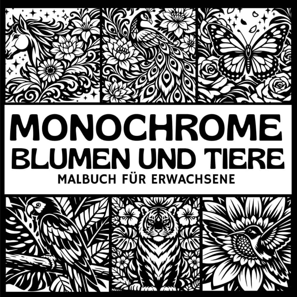 Monochromes Malbuch für Erwachsene,Blumen und Tiere in Schwarz-Weiß