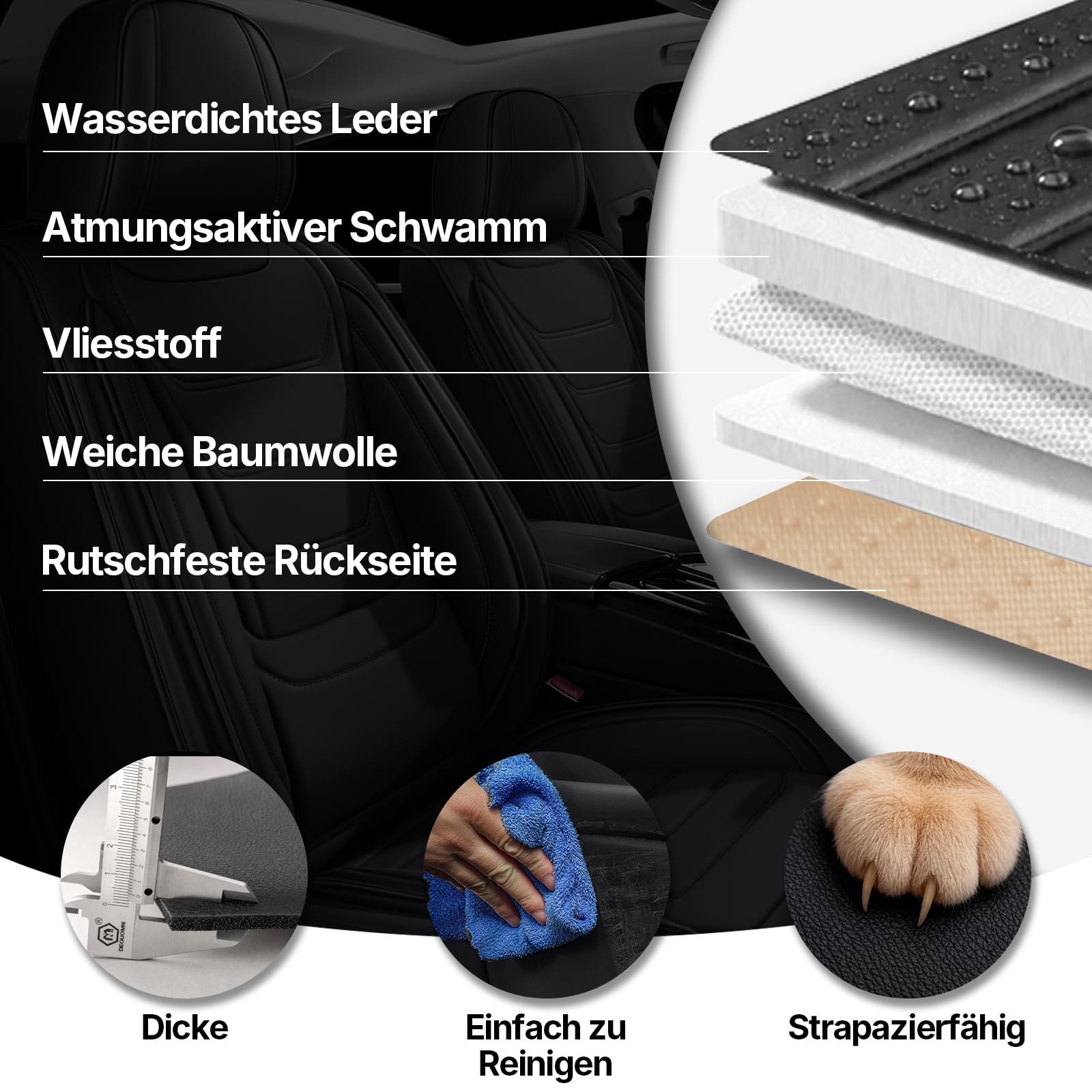für SEAT Arona Autositzbezüge, 5 Sitze, Schwarz | Wasserfeste Leder-Autositzbezüge, Rutschfeste Kratzfeste Sitzbezüge, Einfach zu Montieren, Airbag-Kompatibel, Komplettset