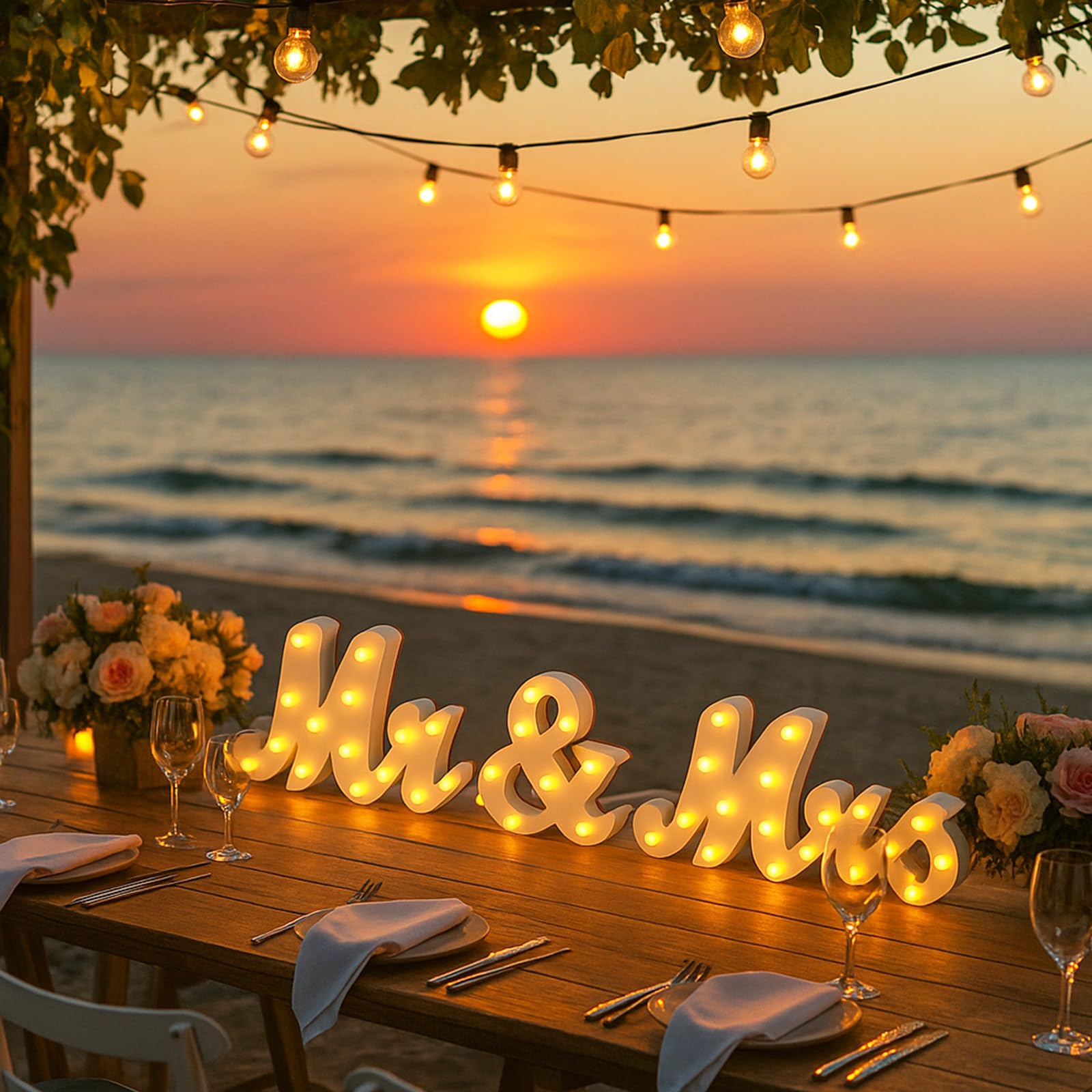 Canlierr Rustikales "Mr and Mrs"-Schild für Hochzeitstisch, 78,7 cm, beleuchtet, groß, weiß, "Mr and Mrs", Holzbuchstaben, Miss Dekoration für Jahrestag, Hochzeit und Verlobung, Geschenke für