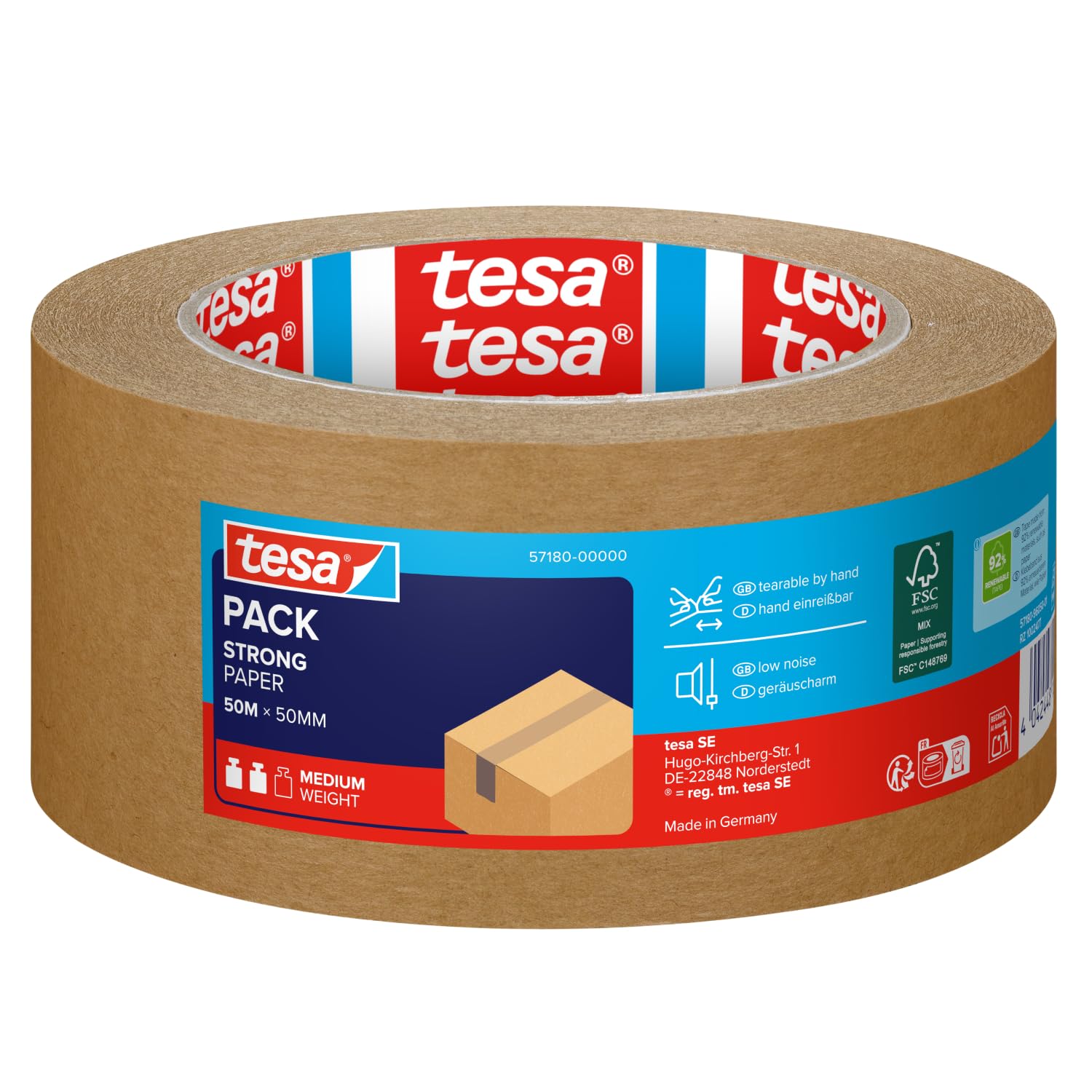 tesa Paper Packaging Tape Made From Recycled Materials for Packing Parcels and Boxes 50 m x 50 mm