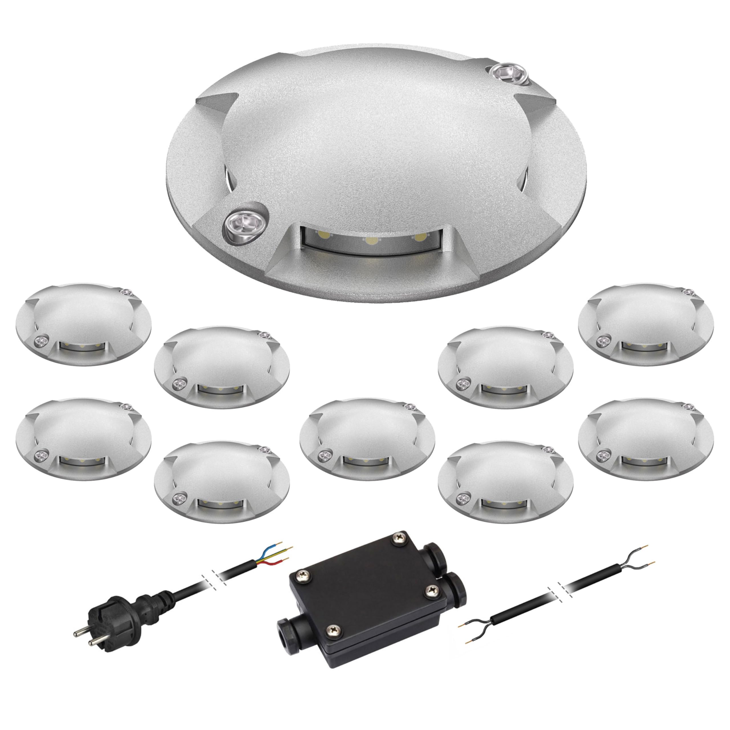 ledscom.de Lampada da pavimento a LED RUNDA per esterni, IP67, a 4 luci, in alluminio, rotonda, 70 mm Ø, bianco caldo, set di 10
