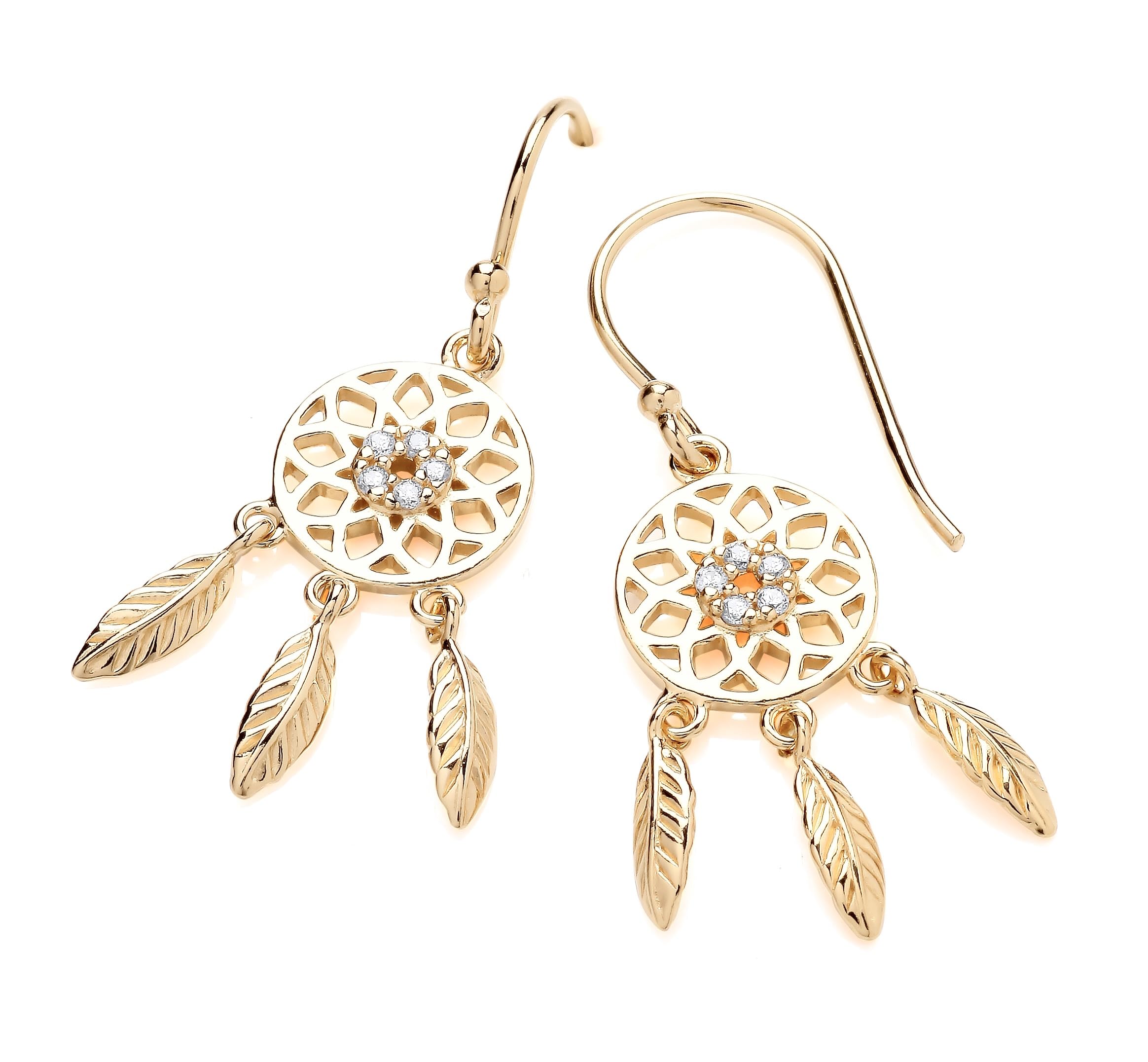 Old English Jewellers Pendientes colgantes de oro amarillo de 9 quilates sobre plata con circonita cúbica atrapasueños