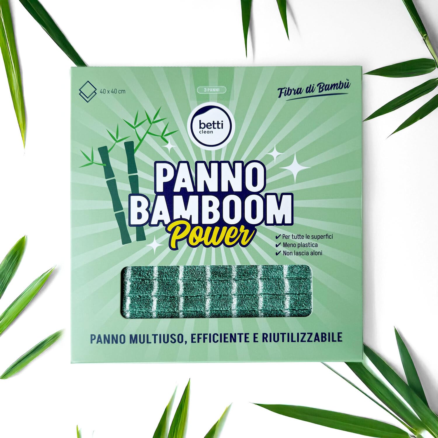 Betti Clean Panni Microfibra con Fibra di Bambù BAMBOOM Power – Set 3 Panni 40x40cm – Panno Magico Vetri Senza Aloni e Cucina – Microfibra Panni Pulizia Casa Assorbenti ed Eco-Friendly (-26% Plastica)
