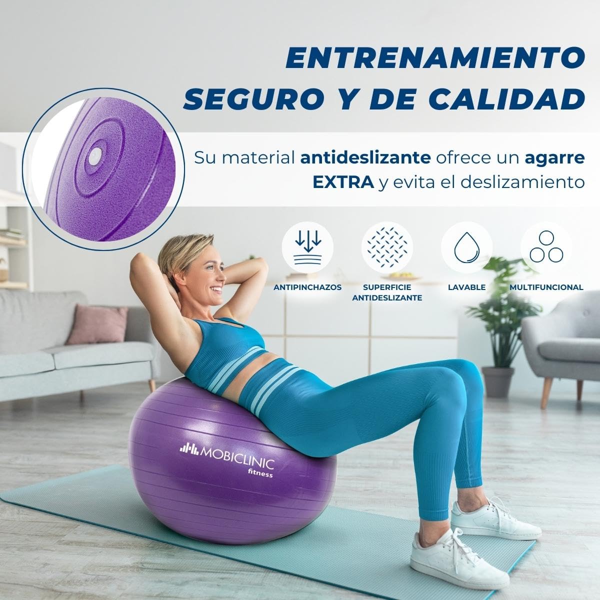 Mobiclinic Pelota de Pilates 58 cm Antideslizante Anti-pinchazos Lavable Morado
