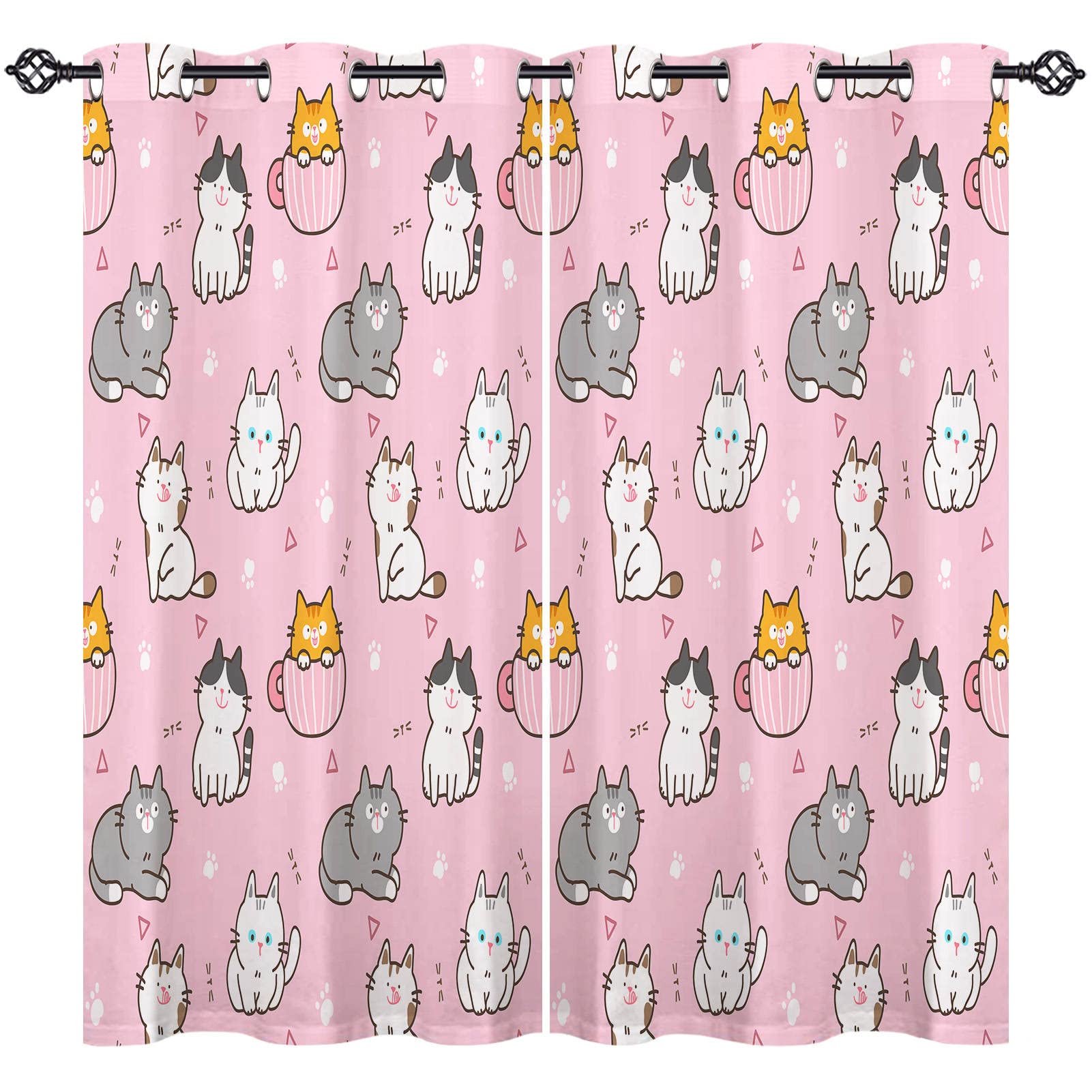 ANHOPE Cat Curtains Eyelet 80% Blackout Room Darkening Curtains Cute Cartoon Animal Cat Print Pattern Thermal Light Blocking Window Drapes for Kids Bedroom Living Room 46 x 54 Inch Drop 2 Panels