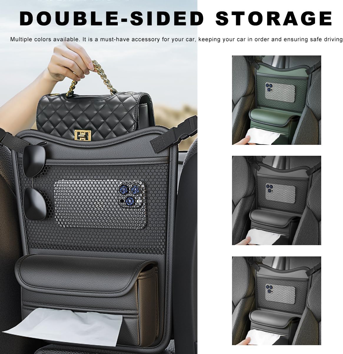 Car Purse Holder Between Seats, Nappa Leather Front Seat Storage Bag with Tissue Holder, Large Capacity Automotive Console Organizer for Document Phone Wallet, Car Accessories (Black)