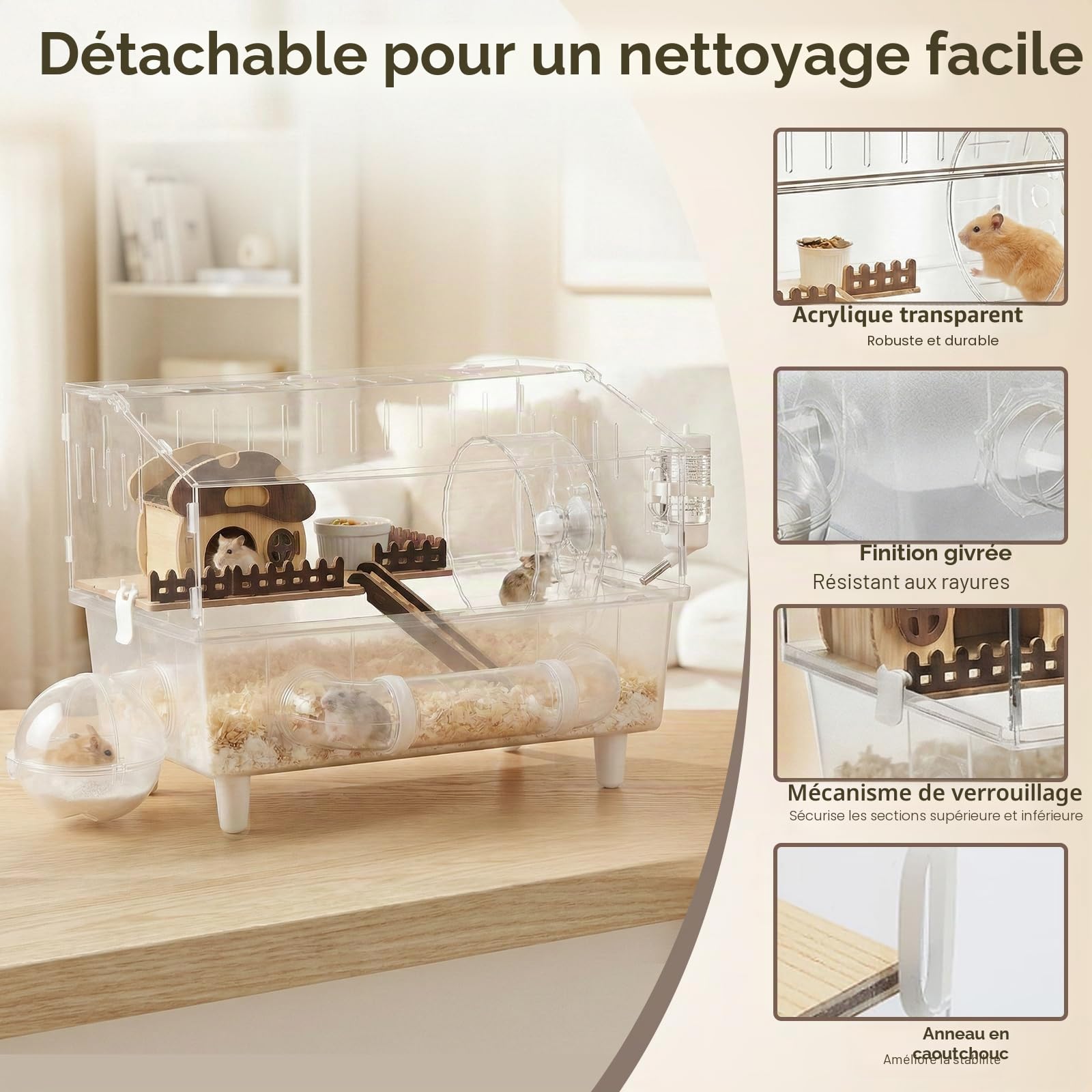Grande cage pour hamster syrien à 2 couches, en acrylique, avec fenêtre de visualisation, 45 x 28 x 34 cm, entièrement transparente, avec décoration de maison de champignons, cage à souris pour