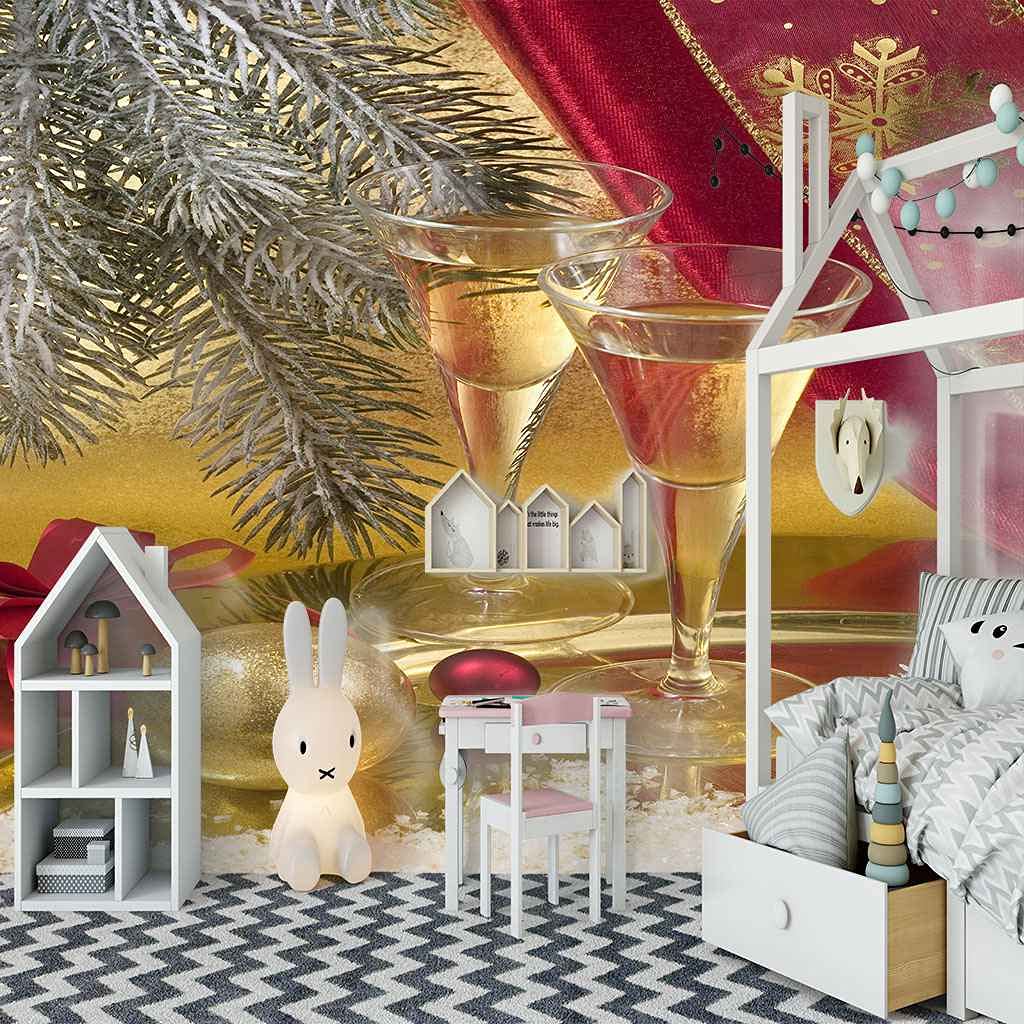 Papier peint toile 3D champagne de Noël auto-adhésif 400x280 cm pour salon
