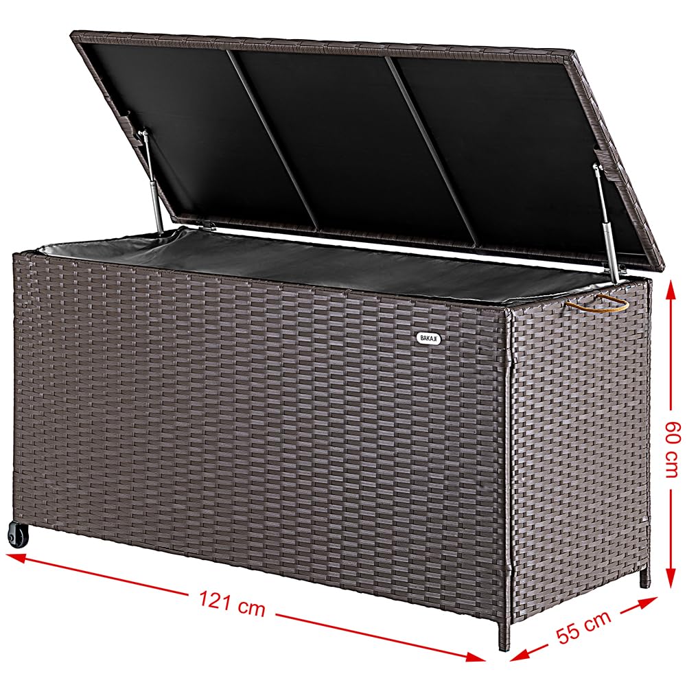 BAKAJI Coffre de rangement de jardin en polyrotin 420 litres, boîte d'extérieur imperméable résistante aux rayons UV, coffre XXL avec roues pour transport et poignée, 121 x 55 x 60 cm (marron)