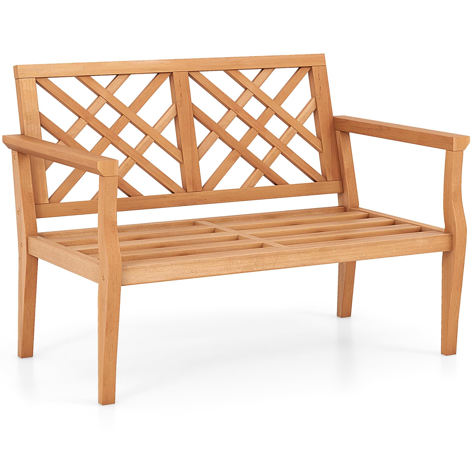 Tangkula Outdoor Garden Bench, 2-Person Teak Wood Bench with Comfy Armrests and Backrest, Slatted Seating Area, 800 LBS Weight Capacity, Patio Wood