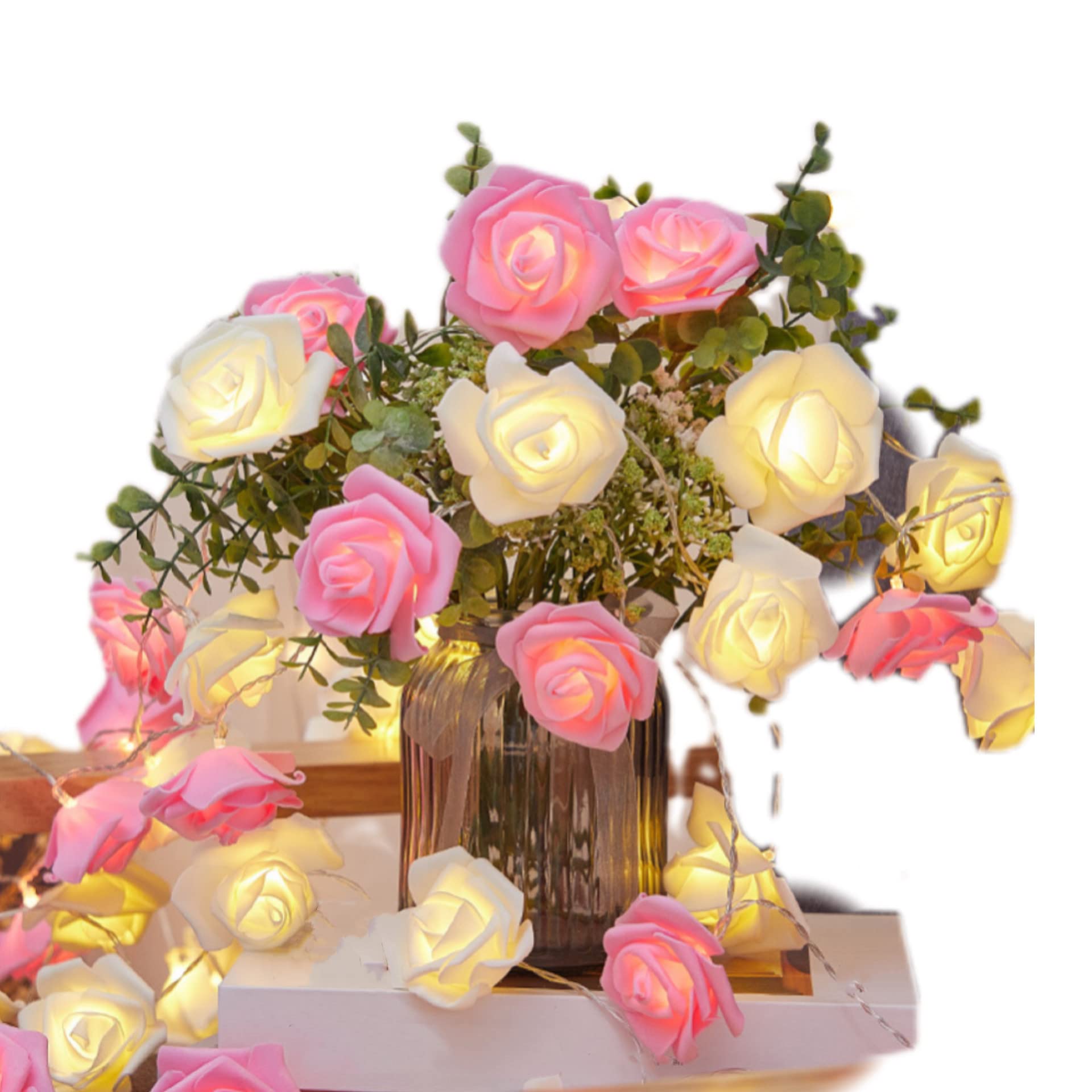 ORI-PANDARose Flower String Light 6M19.6Ft 40LED 2Pack Battery Operated Fairy Light for Marriage Proposal Wedding Birthday Party Christmas Valentine Indoor Outdoor Decoration Romantic (Pink+White)