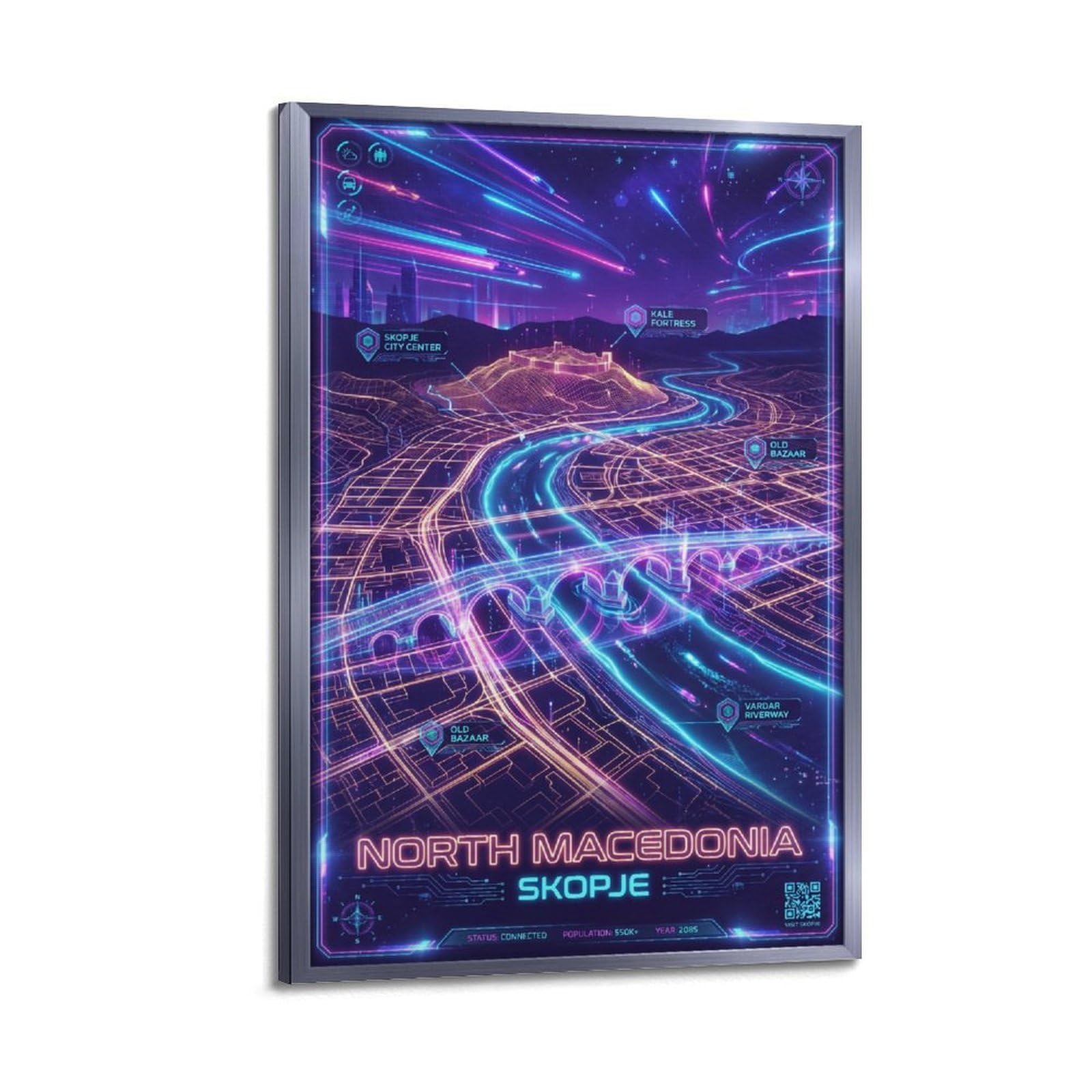 OKAHYS Skopje North Macedonia Neon City Synthwave Map Poster Modern Decorative Canvas Prints - Ideal Wall Art for Family, Man Cave, Game Room, Boys & Girls Bedroom 16x24inch(40x60cm)