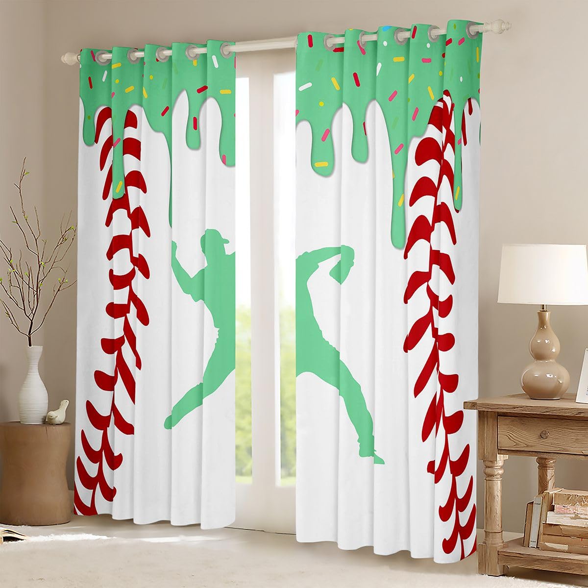Homewish Baseballowe zasłony okienne z lodami, 132 x 160 cm, 2 zestawy paneli – zasłony zaciemniające do gier baseballowych, zielone sportowcy, sylwetka, zasłony okienne, słodkie cukierki, deser