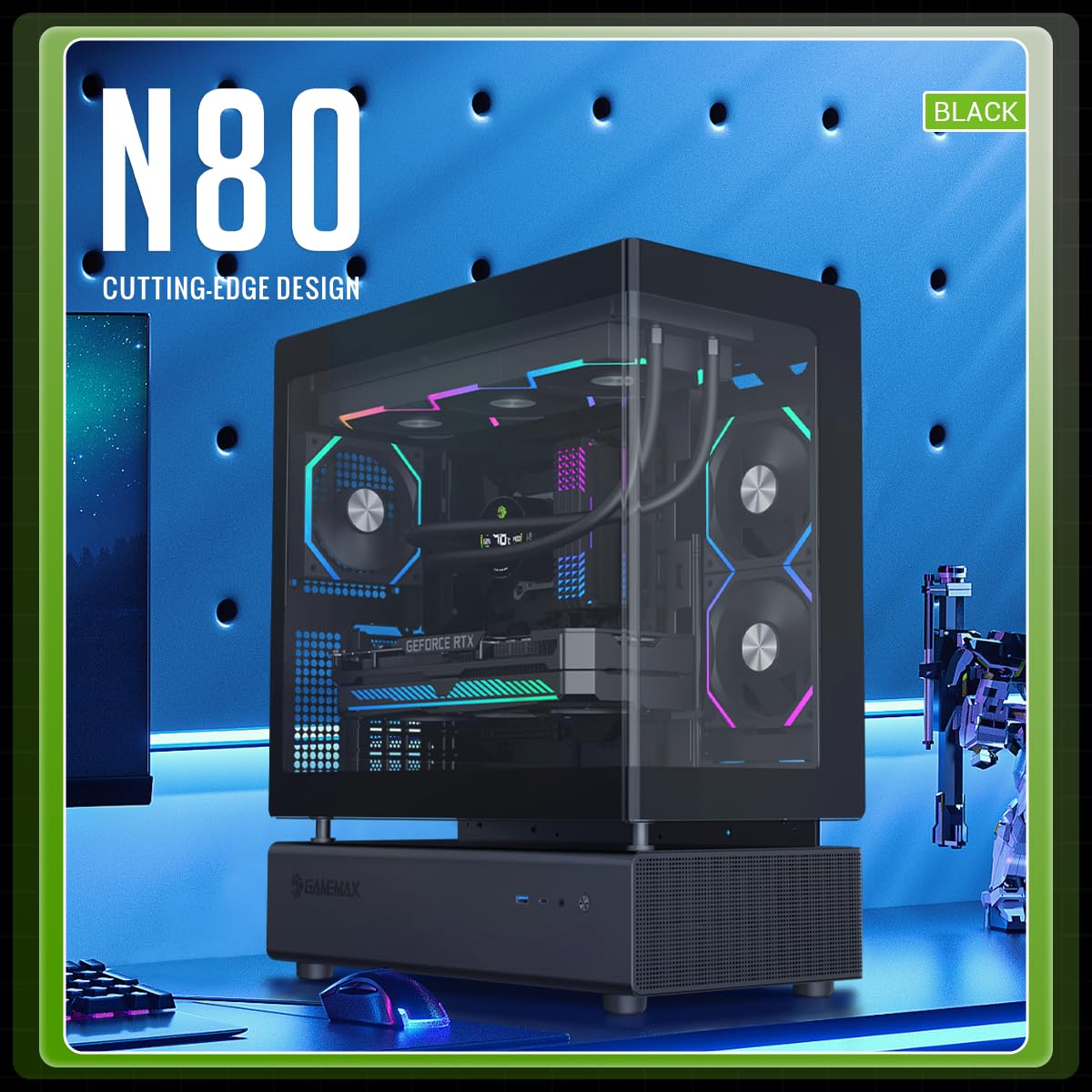 GAMEMAX N80 BK Obudowa Komputerowa ATX Mid-Tower, Verre Panoramique de 270° sur Panneau Avant et Latéral, 6 Ventilateurs ARGB PWM de 120mm Préinstallés, Support BTF et Montage Vertical de GPU