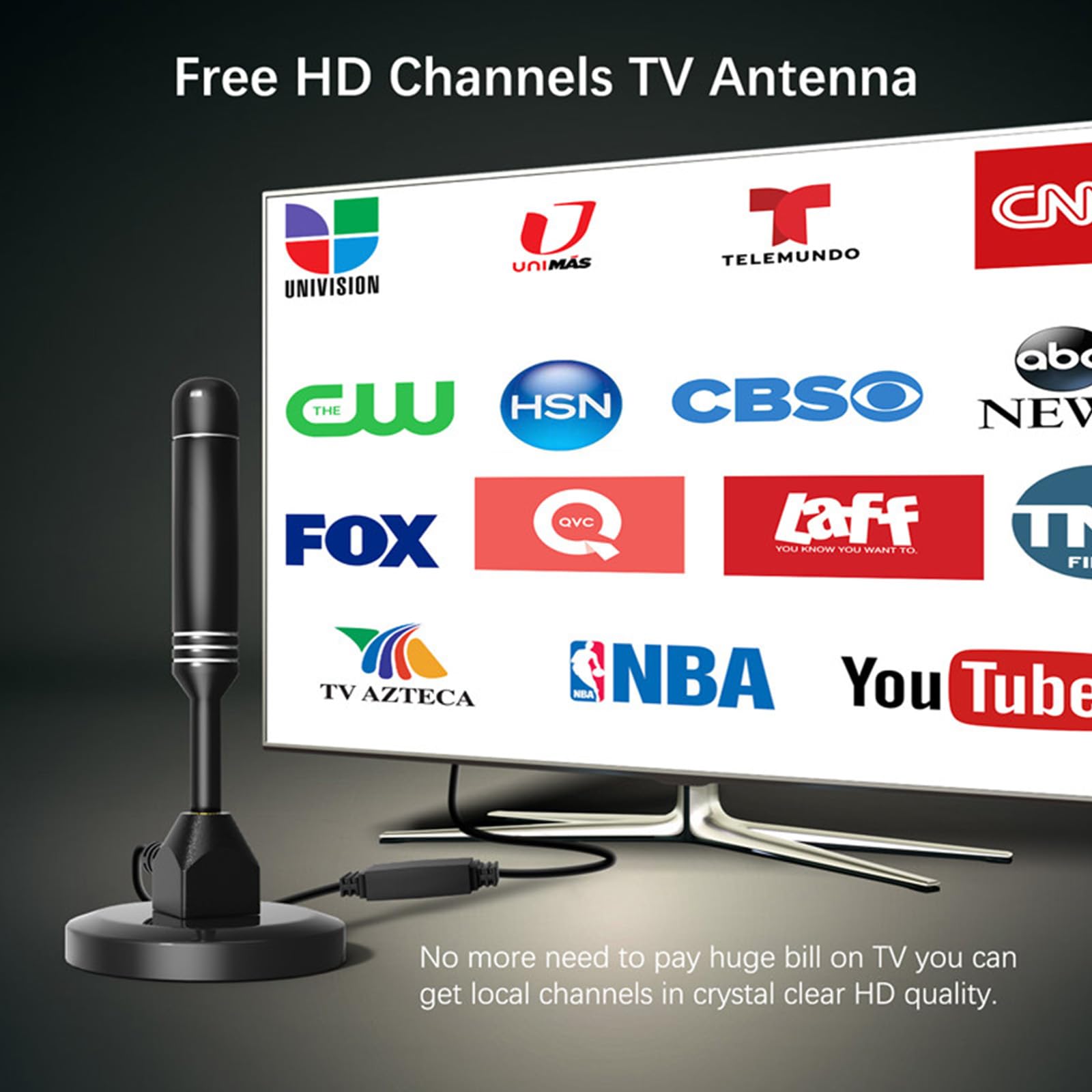 Antenne TV HD portable intérieur/extérieur, réception 360°, amplificateur de signal double, gain élevé, 4K 1080p VHF/UHF, avec base magnétique