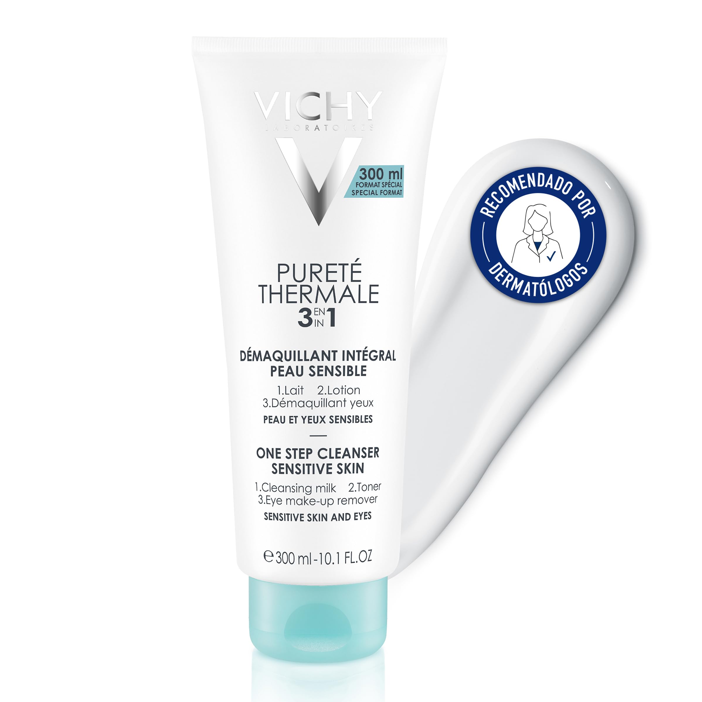 Vichy Desmaquillante 3 en 1, Apto para Piel y Ojos Sensibles, Limpia, Elimina el Maquillaje, Tonifica, Con Extractos de Manteca de Karité Anticontaminación, Pureté Thermale, 300ml