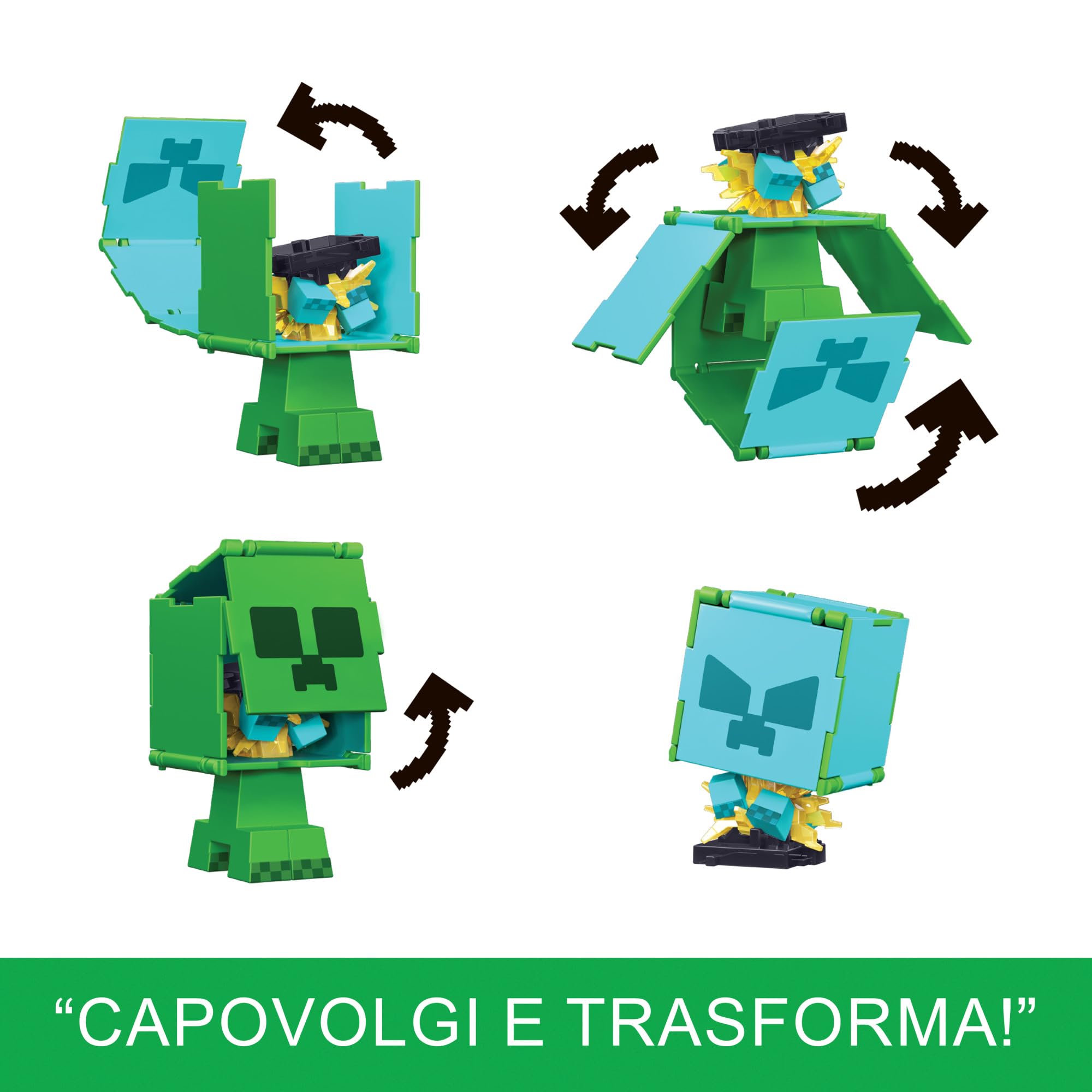 Mattel Minecraft - Flippin Figs Creeper + Creeper Caricato, personaggi 2 in 1 da 10 cm, action figures intercambiabili con design pixelato del videogioco, giocattolo per bambini, 6+ anni, HTL46