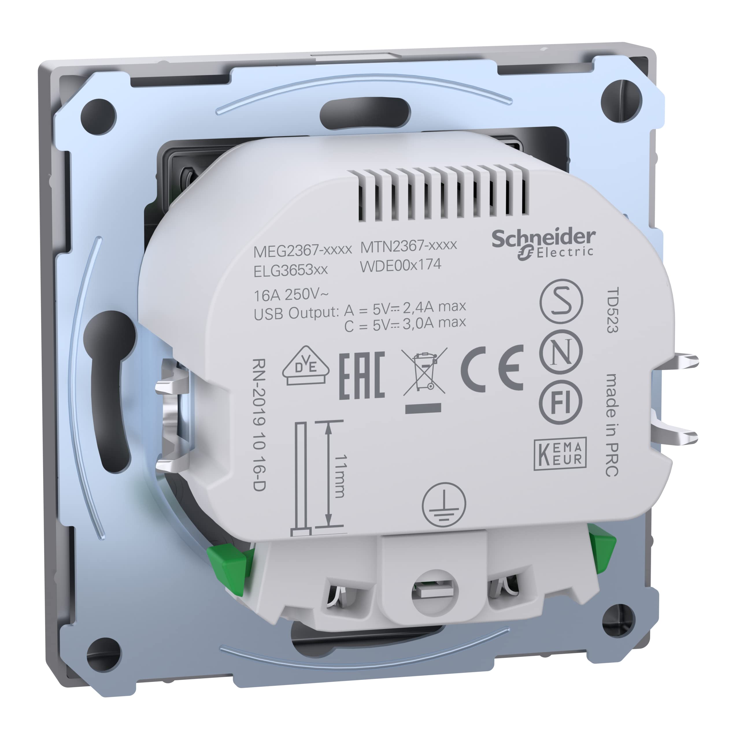Merten MEG2367-6036 Prise Schuko avec Deux Sorties pour Un Fonctionnement simultané et Un Chargement de Deux appareils USB avec Batterie intégrée en Acier Inoxydable