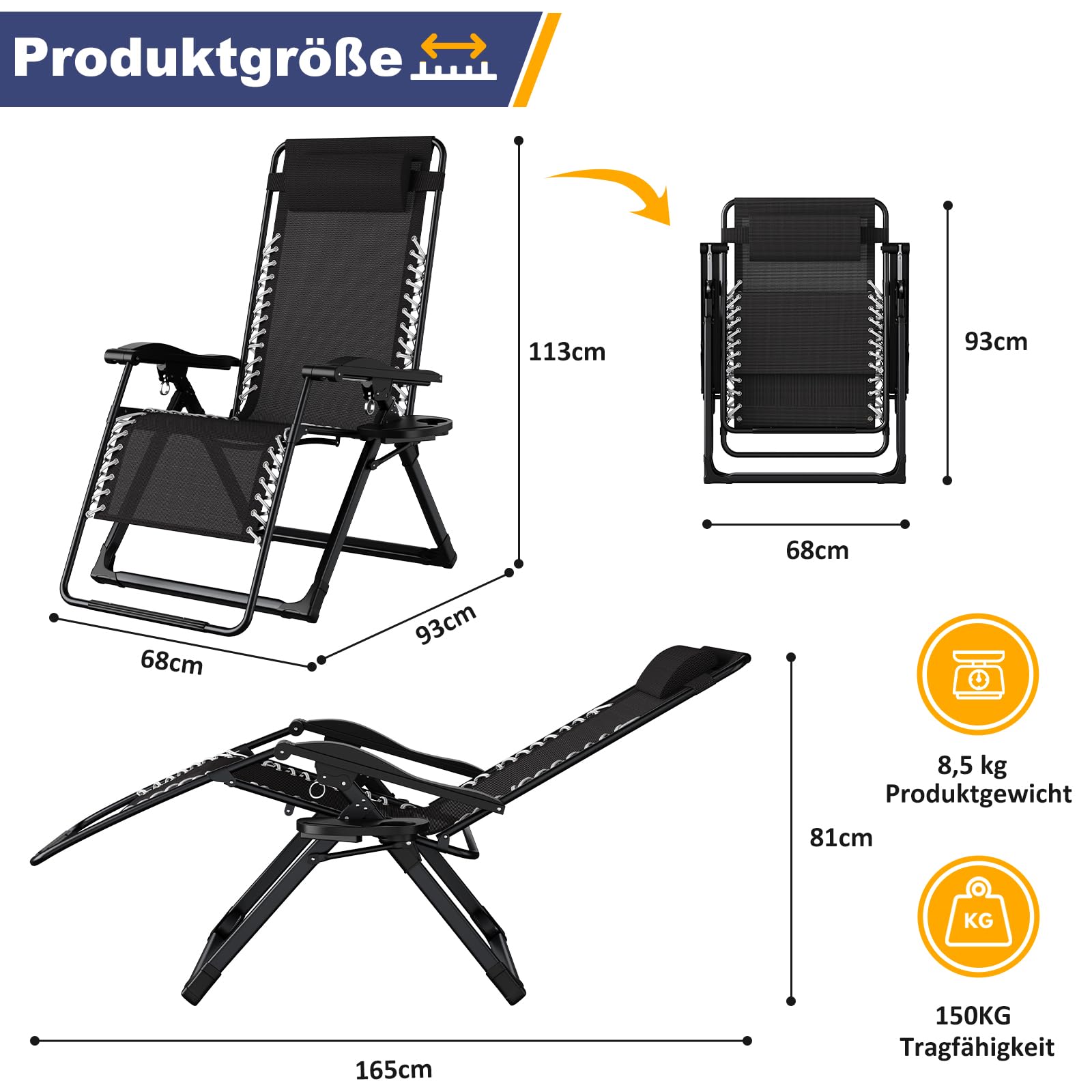 Dripex Sonnenliege Klappbarer Gartenstuhl mit Abnehmbarem Kopfkissen, Liegestuhl mit Verstellbarer Rückenlehne für Balkon, Terrasse, Einzelerpack oder Zweierpack (Schwarz Einzelerpack)