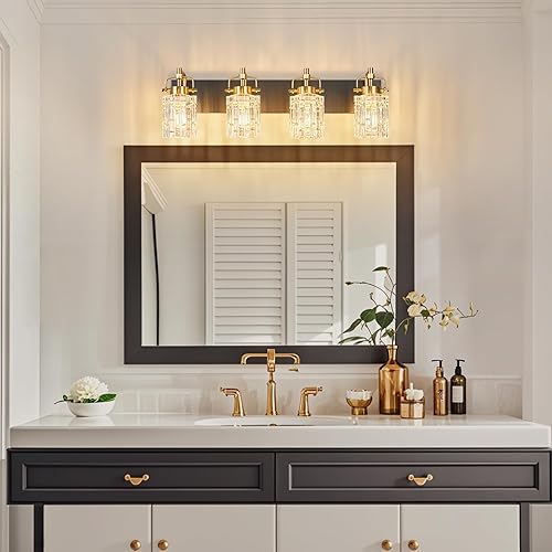 Miniatura 7 de Moderna lámpara de tocador de 4 luces con pantalla de cristal - Lámpara de baño de oro negro