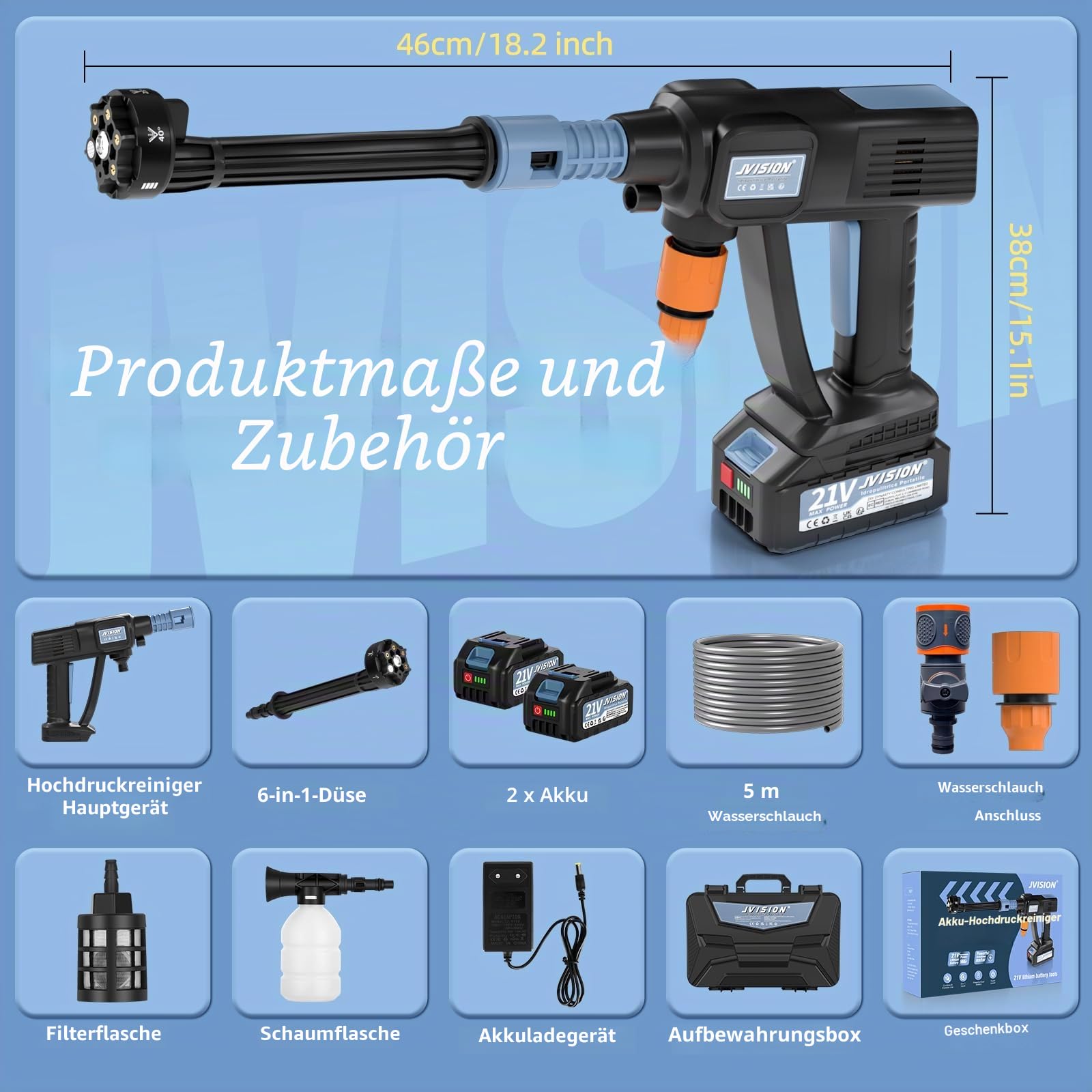 JVISION Akku Hochdruckreiniger Mobiler mit Wasserhahnanschluss & 2X 4000mAh Akku, Kabelloser Pressure Wascher mit 6-in-1 Düse für Auto, Terrasse, Hausreinigung
