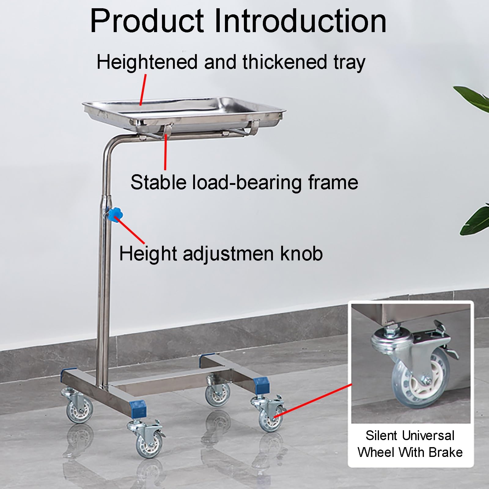 Mayo Laborwagen Gerätewagen Medizintechnik Servierwagen mit Mobiler Rollenbasis, Einstellbare Höhe 80–110 cm, für Klinik, Salon, Zahnmedizin, Tätowierung(60x40x(80-110) cm)