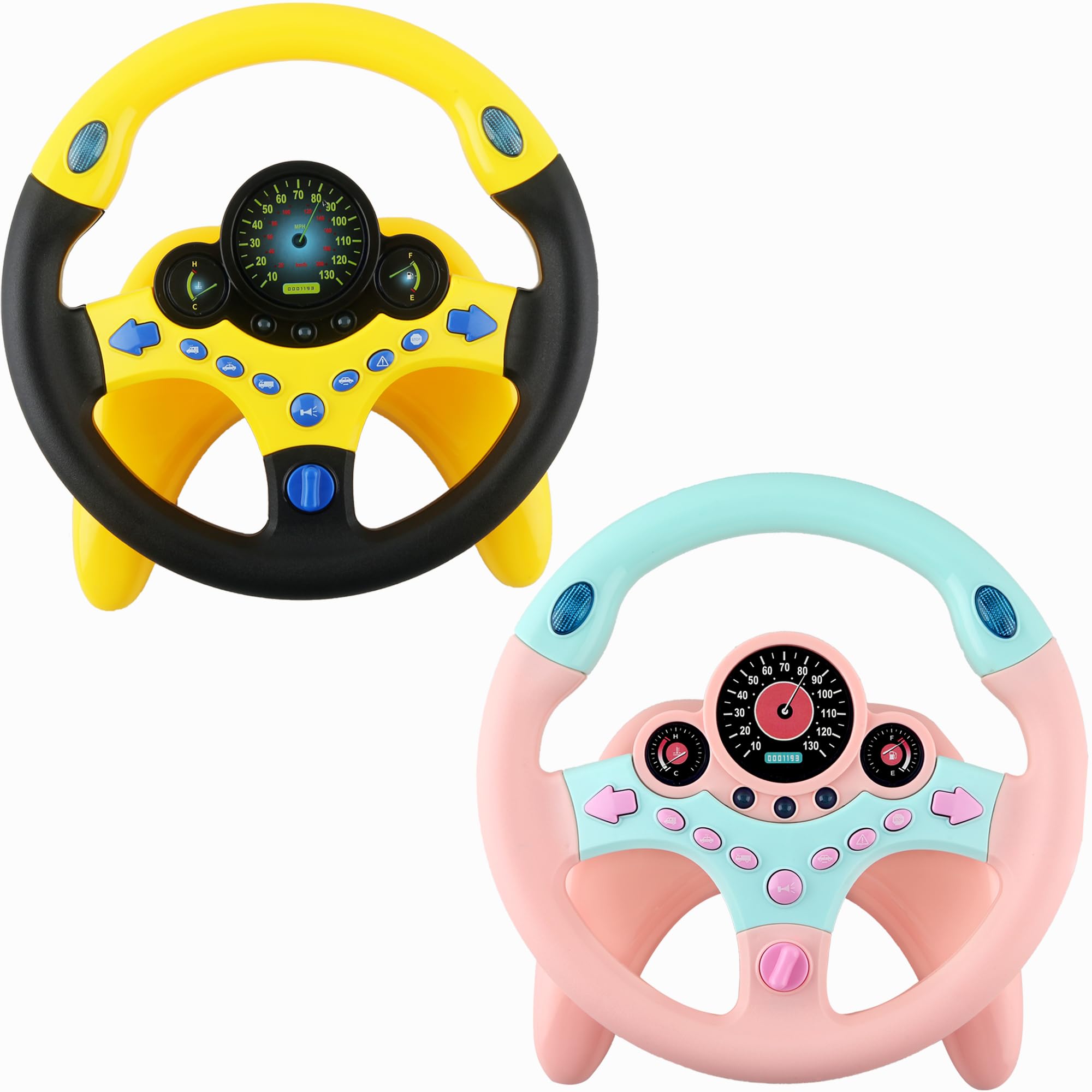 Fahacop 2 Pack Car Driving Simulated Steering Wheel Copilot Driving Wheel with Light Music for Kids Early Learning Educational Sounding Toy, 2 Colors