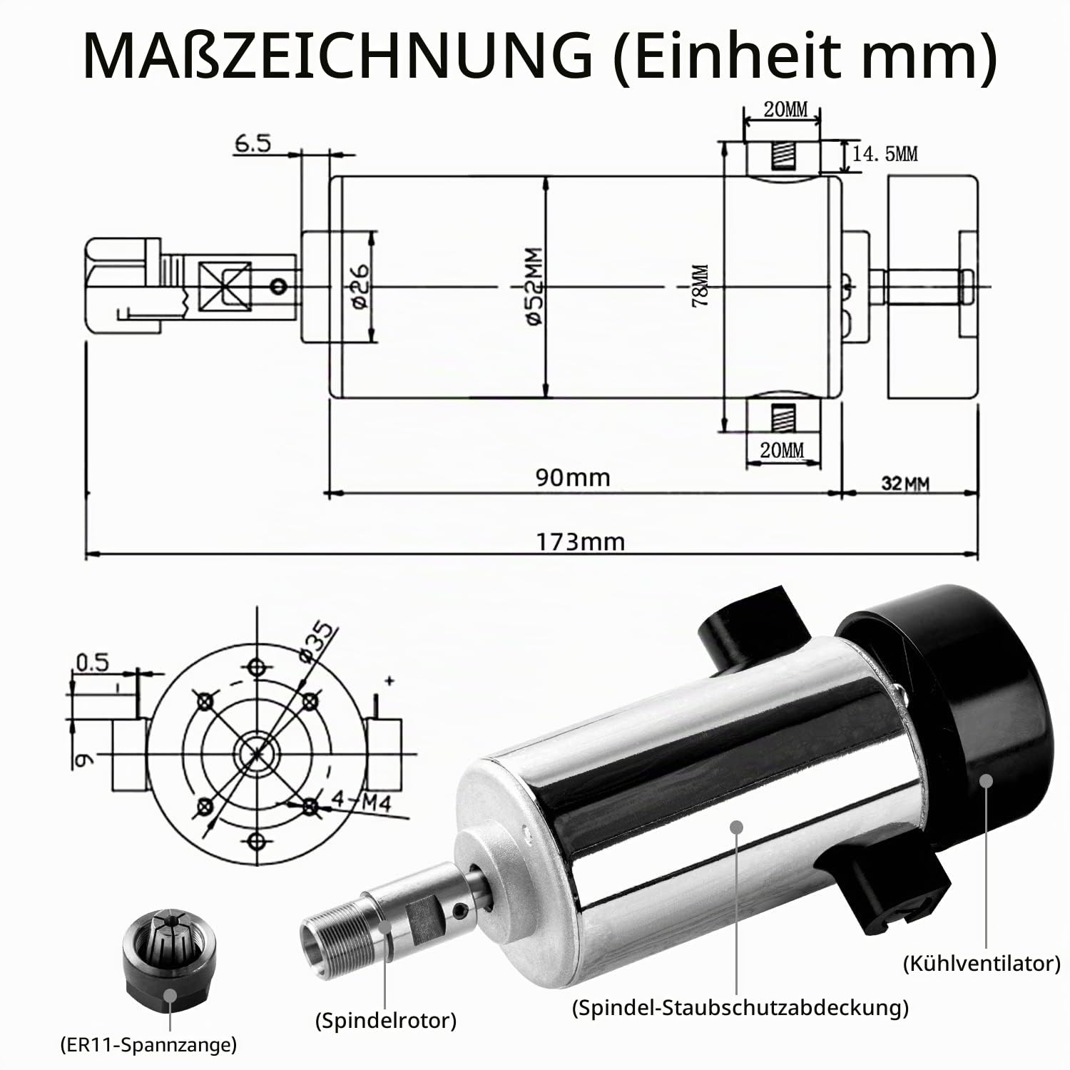FoxAlien 300W CNC Fräse Bausatz Spindelmotor Kit Luftgekühlter Fräsmotor mit Controller-Box für Masuter 4040, Masuter Pro, Masuter 3 und 3018-SE V2 CNC Fräsmaschine/Graviermaschine