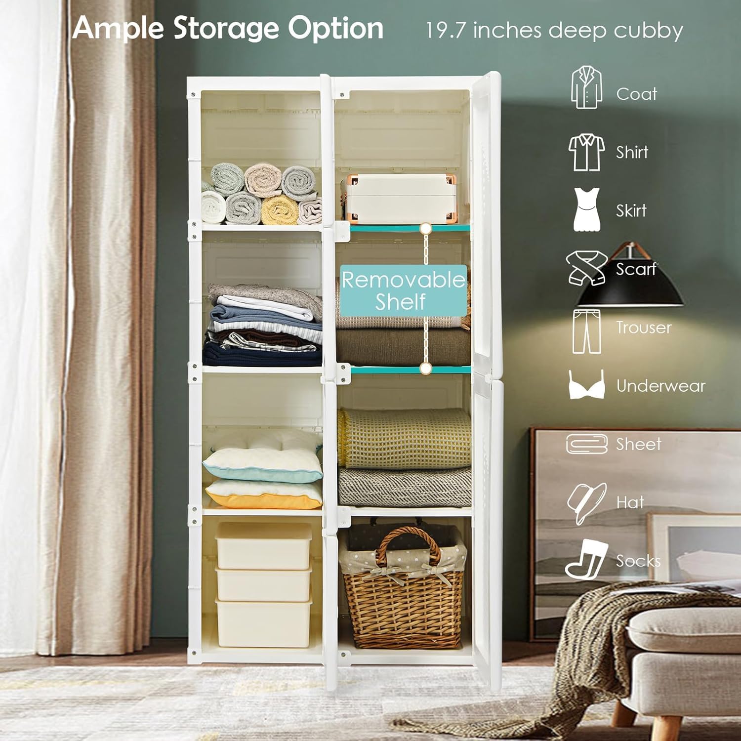 Portable Closet Wardrobe, Foldable Clothes Organizer with Magnetic Door, Freestanding Closet Clothes Organizer for Bedroom, Easy Assemble Clothing Storage w/Storage Compartments & Hanging Rod