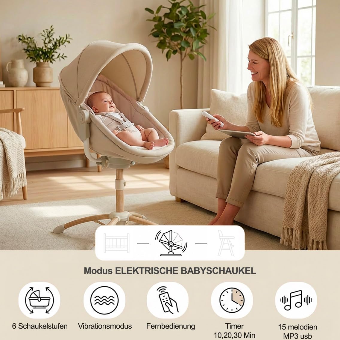 bebe2luxe Louna : Multifunktionale Wiege Baby (ELEKTRISCHE BABYSCHAUKEL, HOCHSTUHL,BABYWIPPE) (Gray)