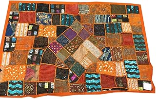 Mogul Interior Indian Tapestry Sari Orange Wall Hanging Sequin Embroidered Wall Decor