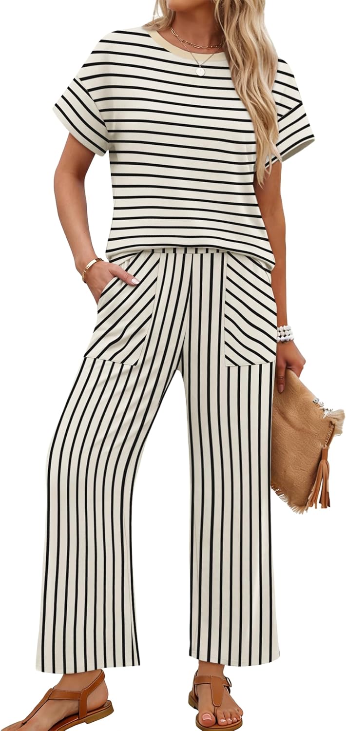 Sampeel Two Piece Sets for Women Cruise Travel Vacation Summer Outfits Lounge Matching Sets Women Clothing Wide Leg Pants Set