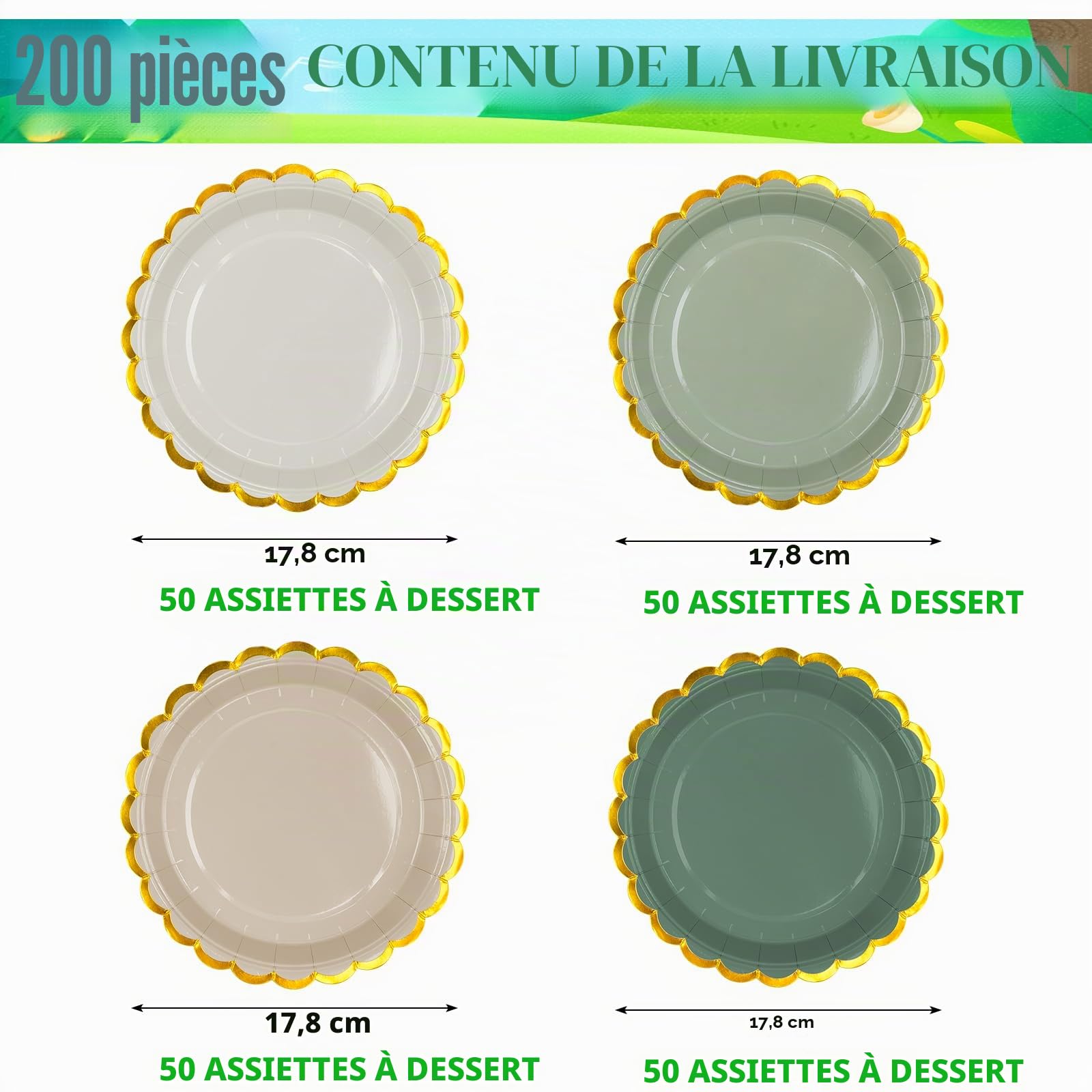 Lot de 200 assiettes jetables en carton vert sauge de qualité supérieure - Assiettes festonnées - Assiettes de service en vrac pour anniversaire, jardin, thé, fête prénatale, mariage - 17,5 cm