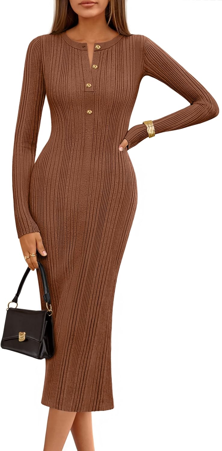 MEROKEETY Women's Bodycon Sweater Dress 2025 Fall Winter Long Sleeve Button Crew Neck Ribbed Knit Midi Work Dresses