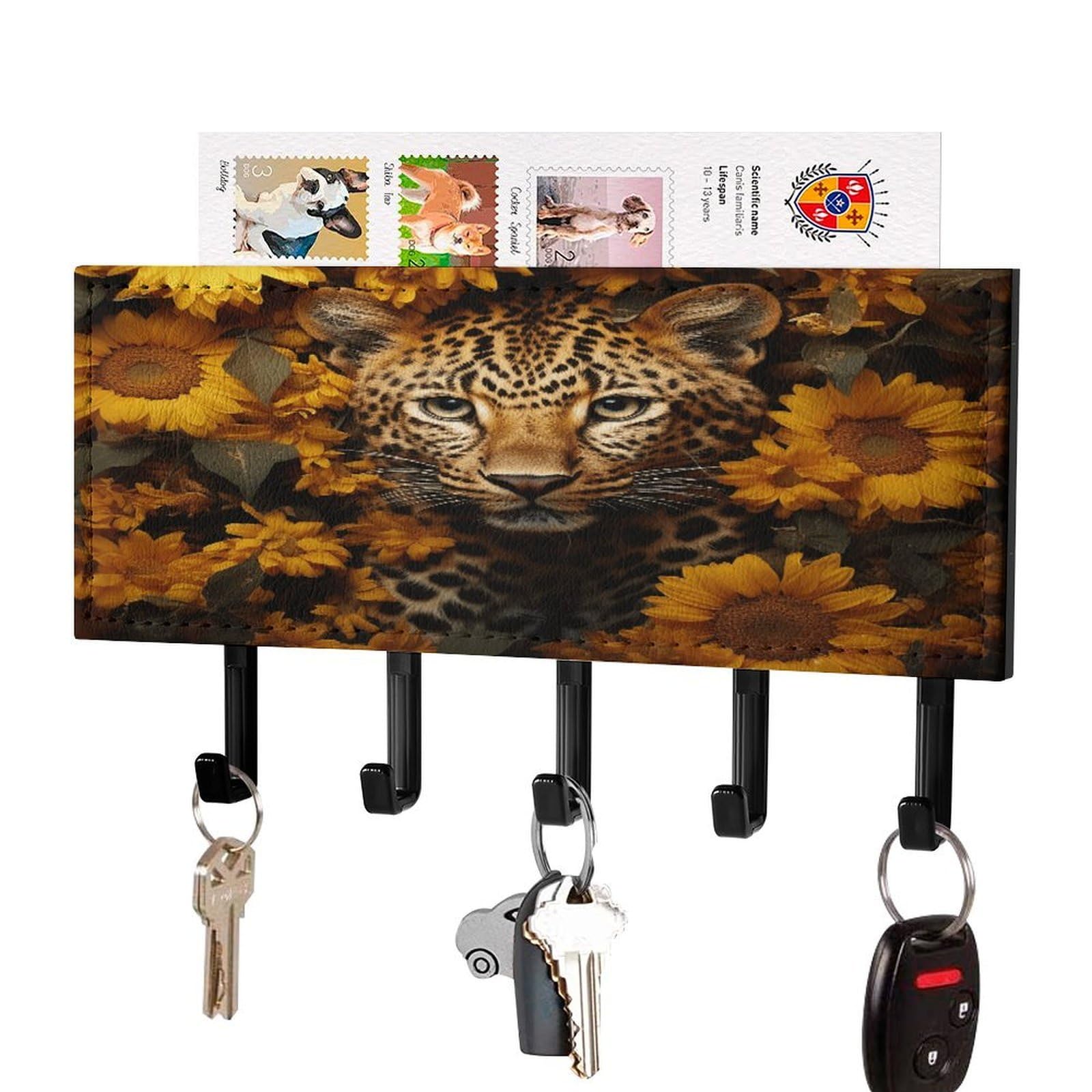 FekiLoot Leopard and Sunflower Key Holder Wall Mount Key Hanger with 5 Hooks Decorative Key Rack Hanging Key Hooks with Mail Organizer Key Holder for Wall Living Room Kitchen Bathroom Hallway Black