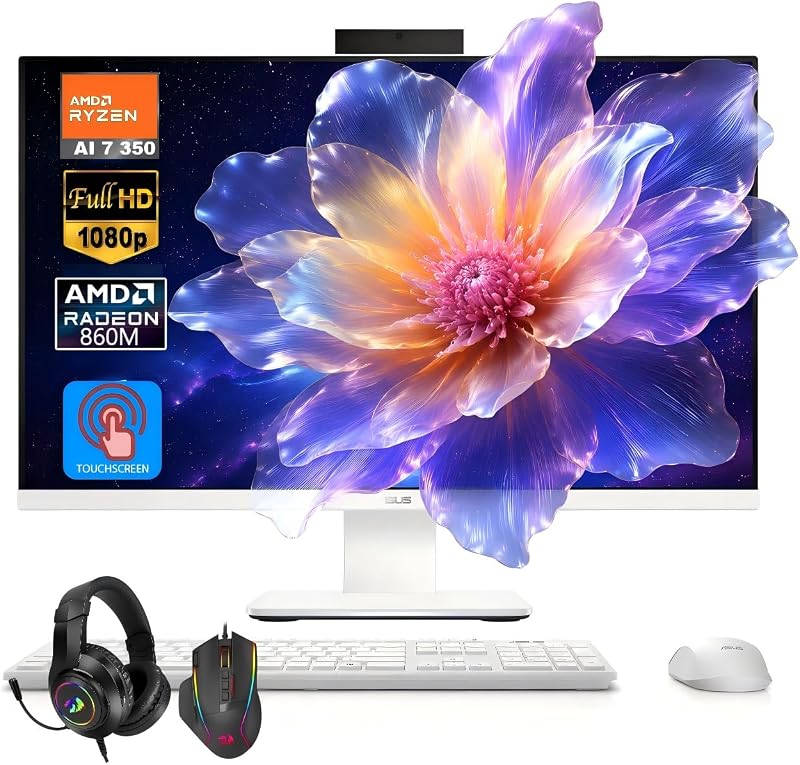 ASUS All in One Desktop Computer 27 Inch Touchscreen, AMD Ryzen AI 7 350, 32 GB 5600MHz DDR5, 1 TB SSD, AMD Radeon 860M, 27-Inches FHD, Wi-Fi 6, Copilot+ PC, Windows 11 Pro, W/Headset and Mouse Combo