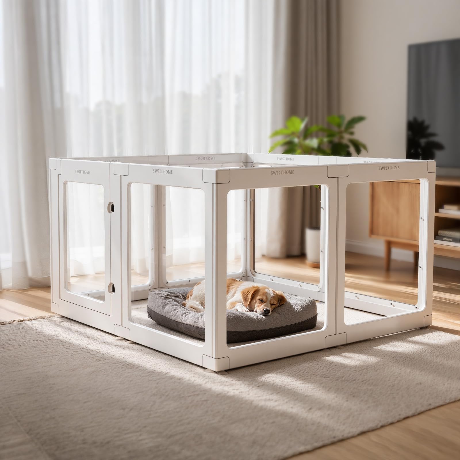 The Fellie Acrylic Dog Playpen, Clear Plastic Puppy Pen Indoors, Portable Dog Play Pen with Lockable Door for Cat Rabbit Ferret, 8 Panels Easy Assemble Cat Pen, Transparent Pet Playpen(100x100x60cm)
