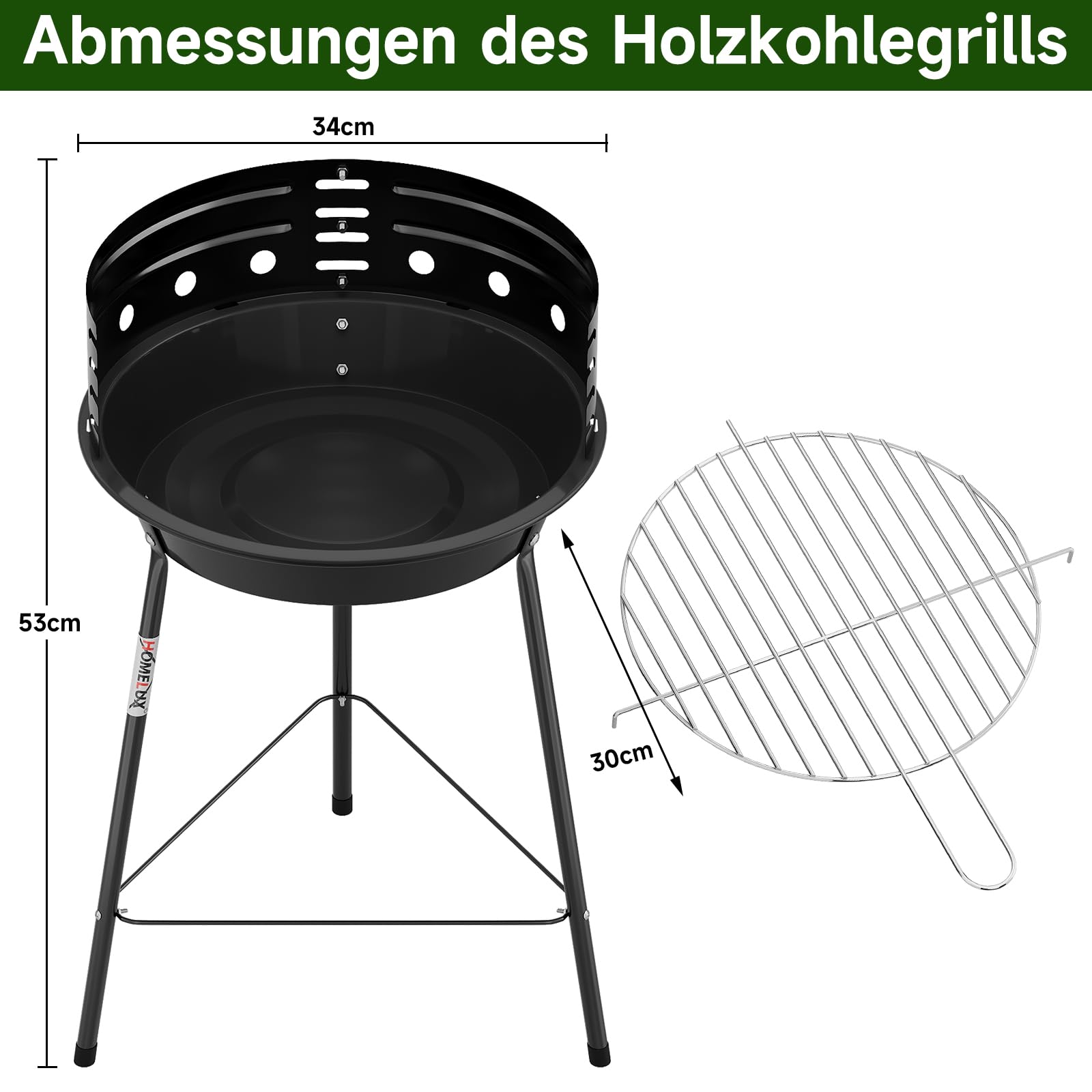 HOMELUX Barbecue a carbonella, triangolare, 34 x 53 cm | Stabile griglia per barbecue, ideale per picnic, giardino e campeggio
