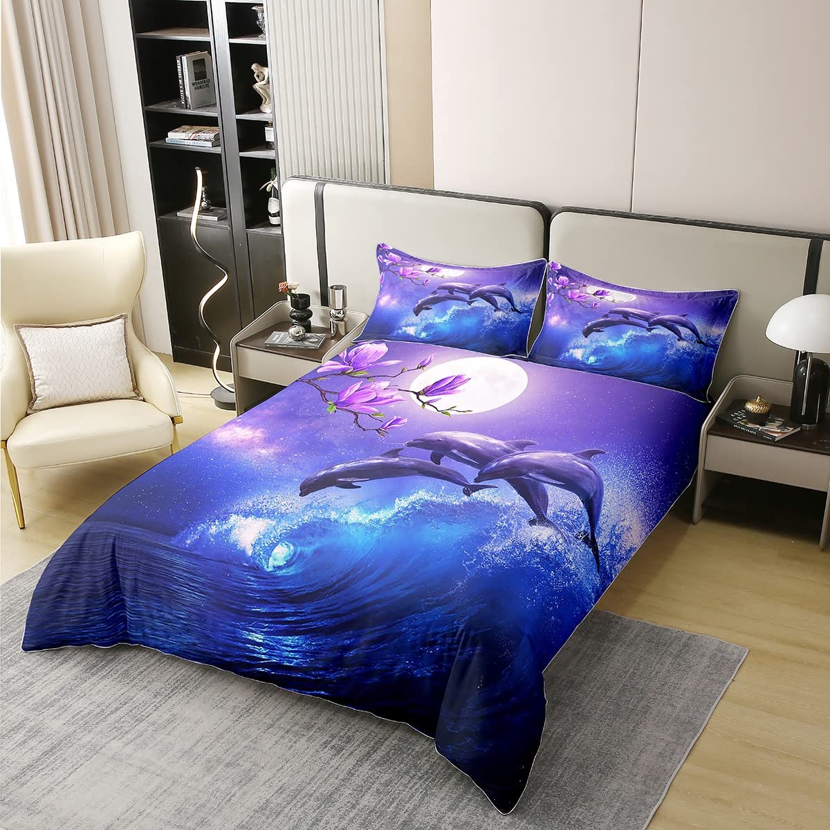 Galaxy Dolphin 100% Waschen Baumwolle Bettbezug 135x200 Coastal Ozean Waves Bettwäsche Set Lila Kirschblüten Meer Tier Tröster Bezug für Kinder Jungen Mond Himmel Starry Steppdeckenbezug Blau